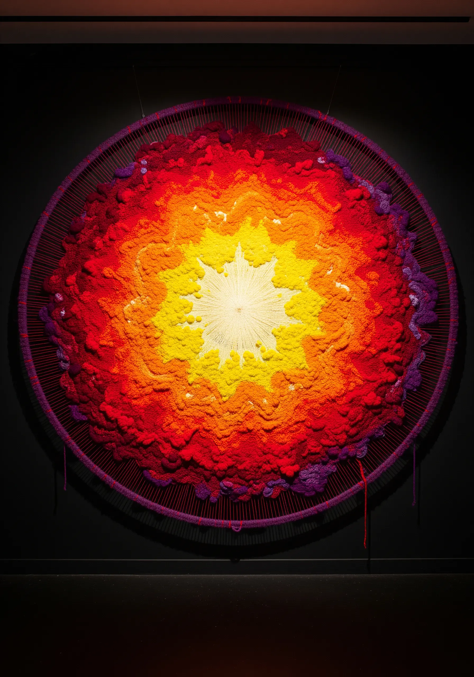 A large circular artwork with a fiery gradient of texture, from smooth yellow to chunky purple.