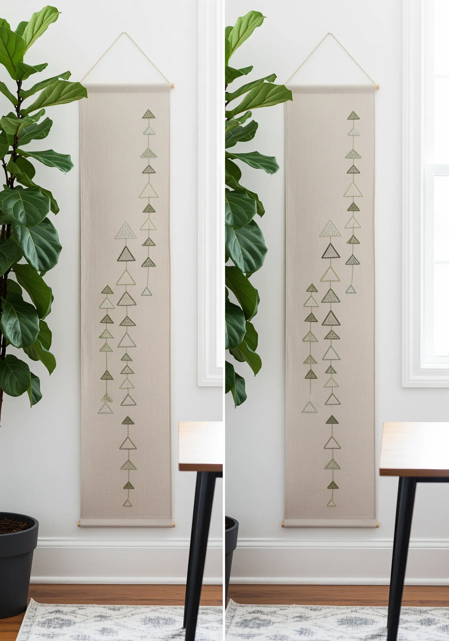 A long wall banner with a cascade of small green triangles, some filled and some outlined.