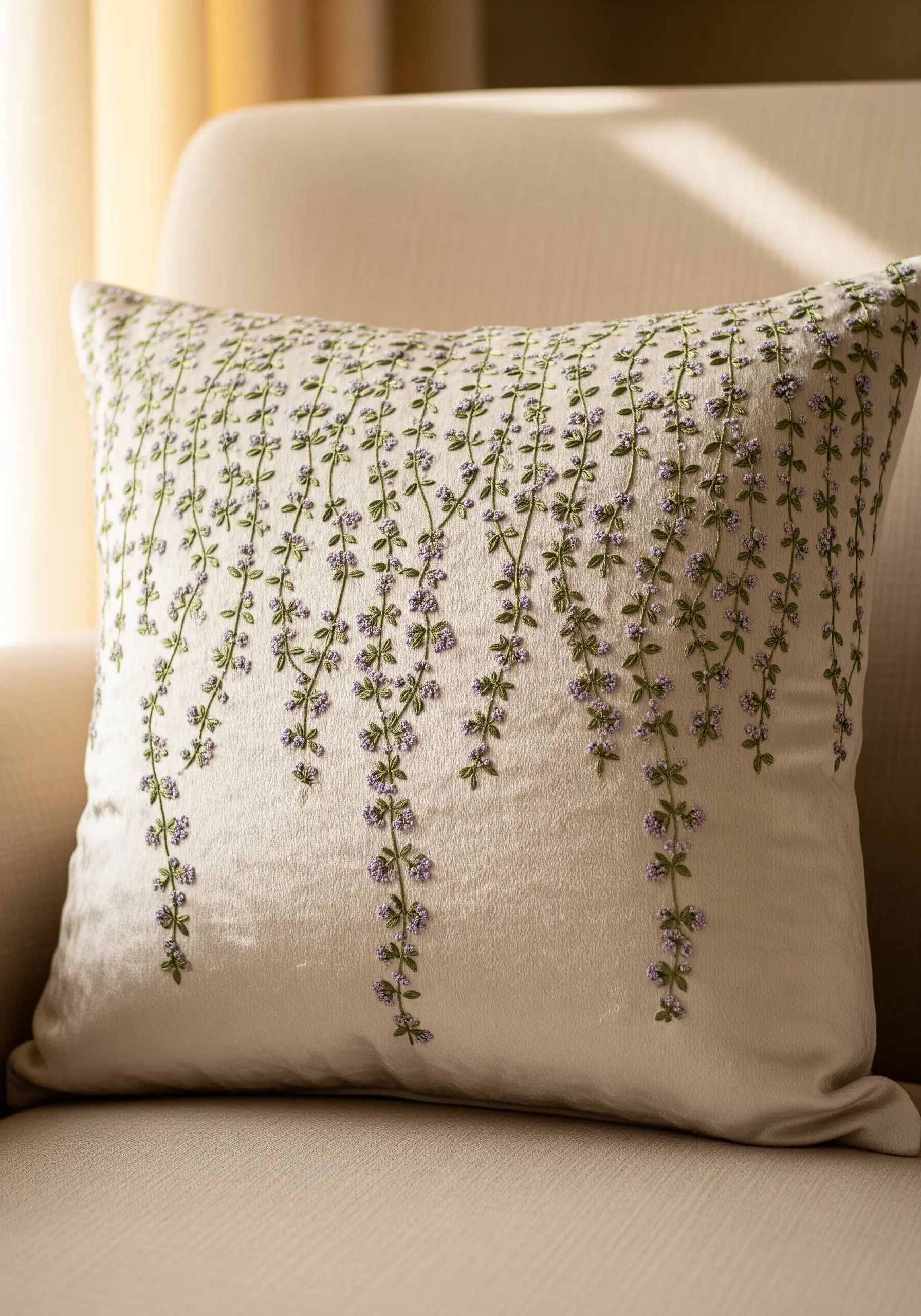 Delicate purple and green thyme blossoms cascading down a cream-colored pillow.
