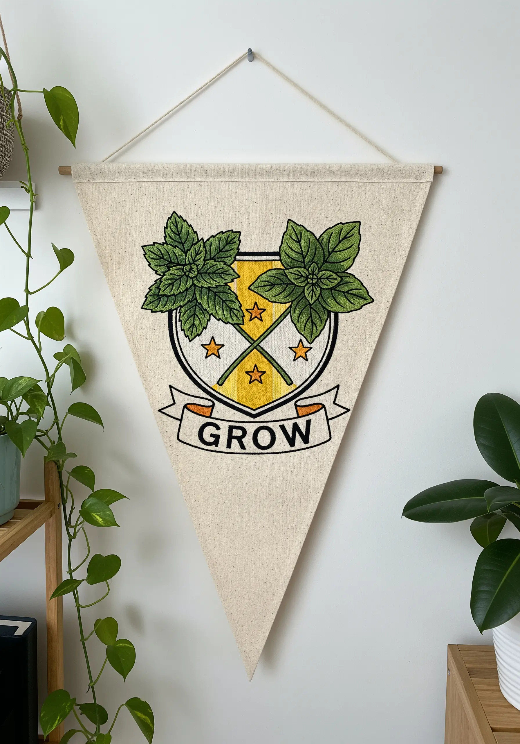 A canvas pennant with a graphic crest featuring mint leaves and the word 'GROW'.