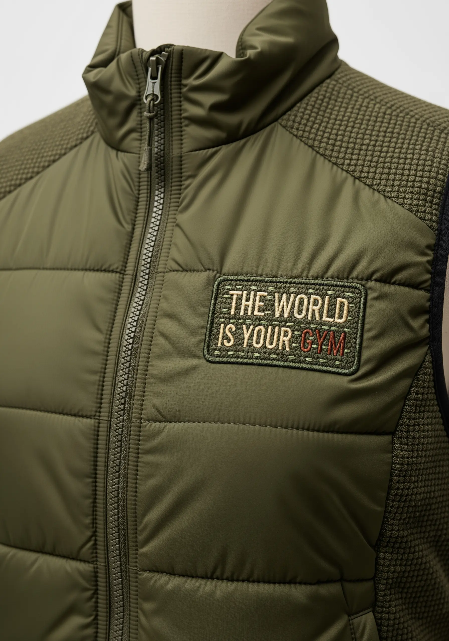 An embroidered patch reading “THE WORLD IS YOUR GYM” on an olive green vest.