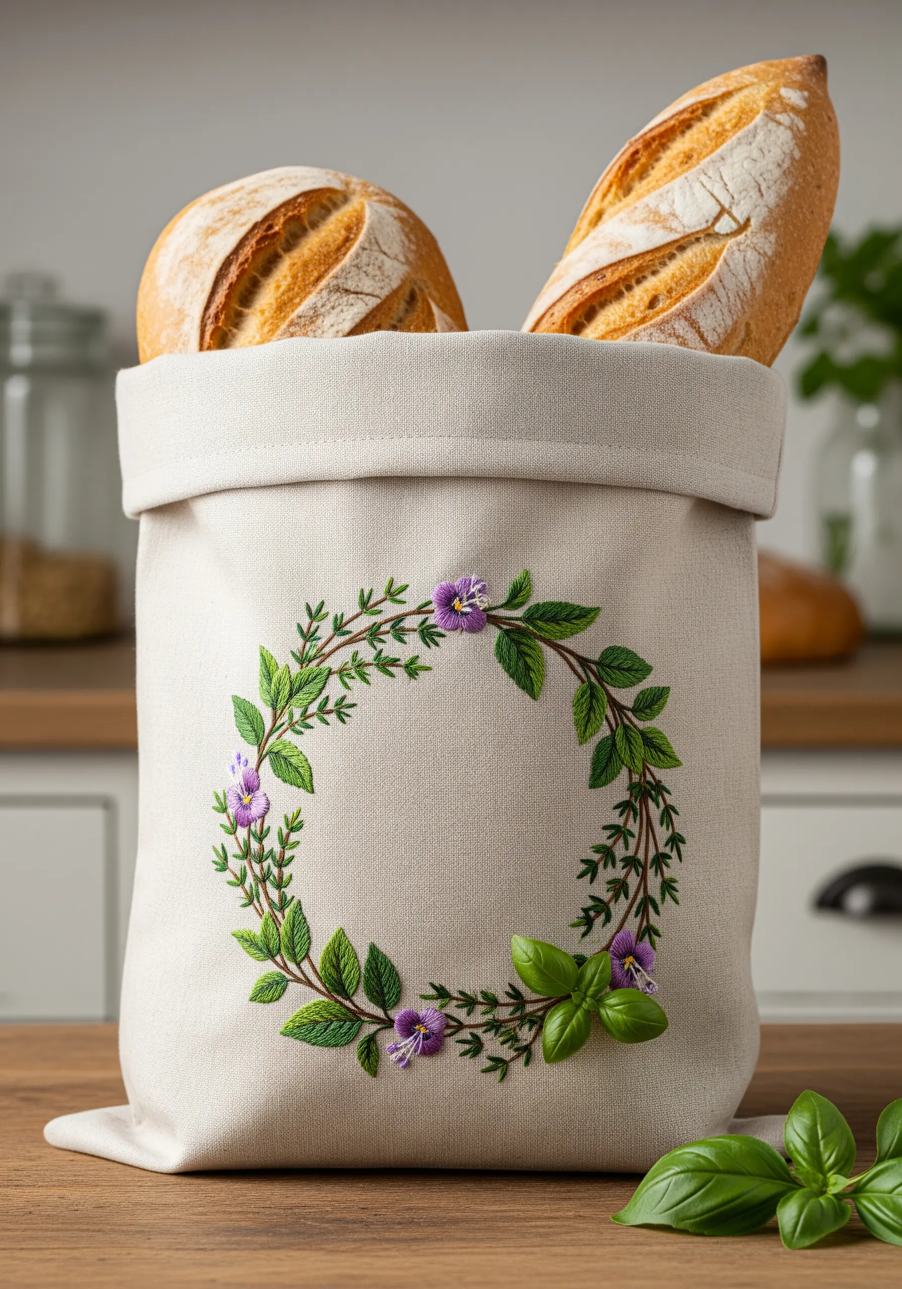 A delicate wreath of leaves and purple blossoms embroidered on a cylindrical canvas bread bag.