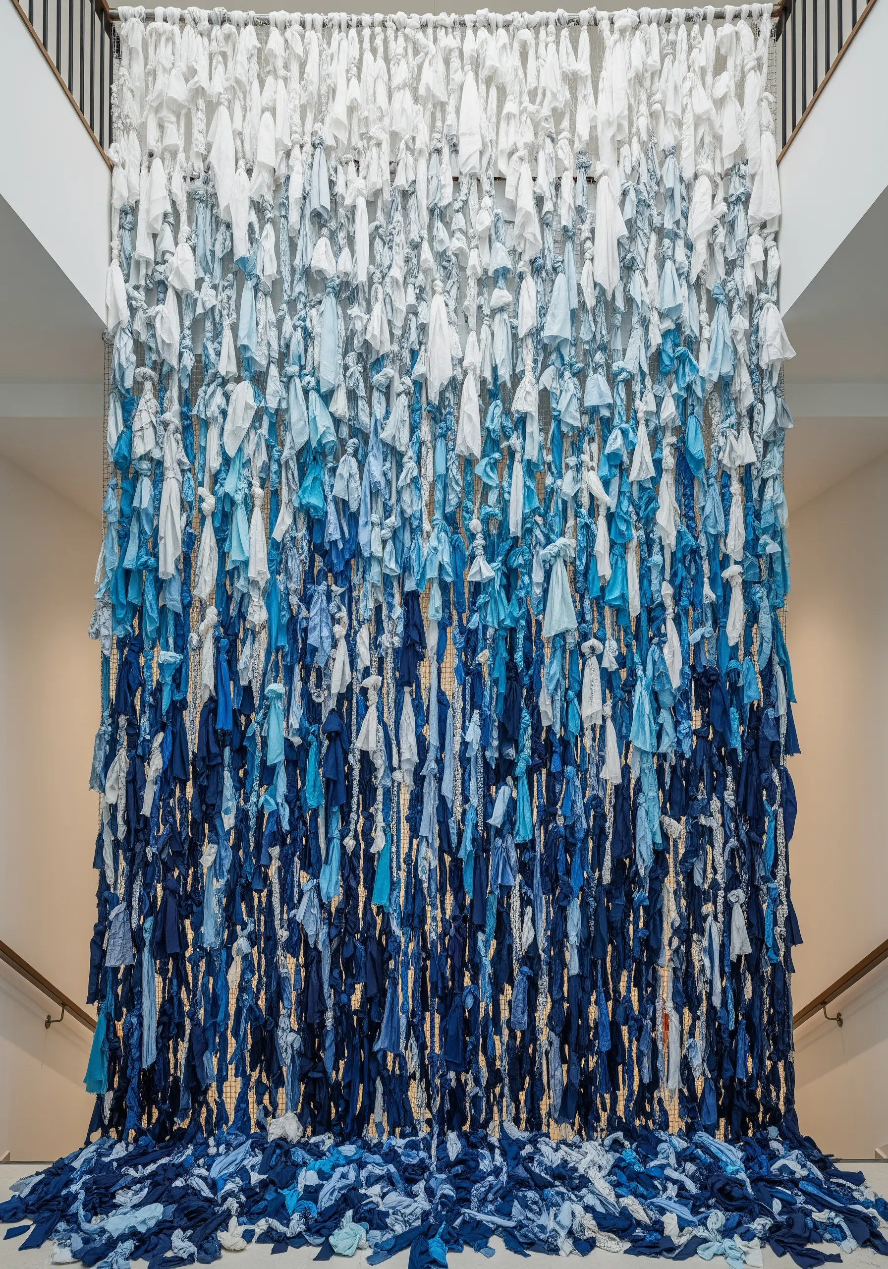 A large-scale hanging installation of knotted fabric strips in a white-to-blue ombré gradient.