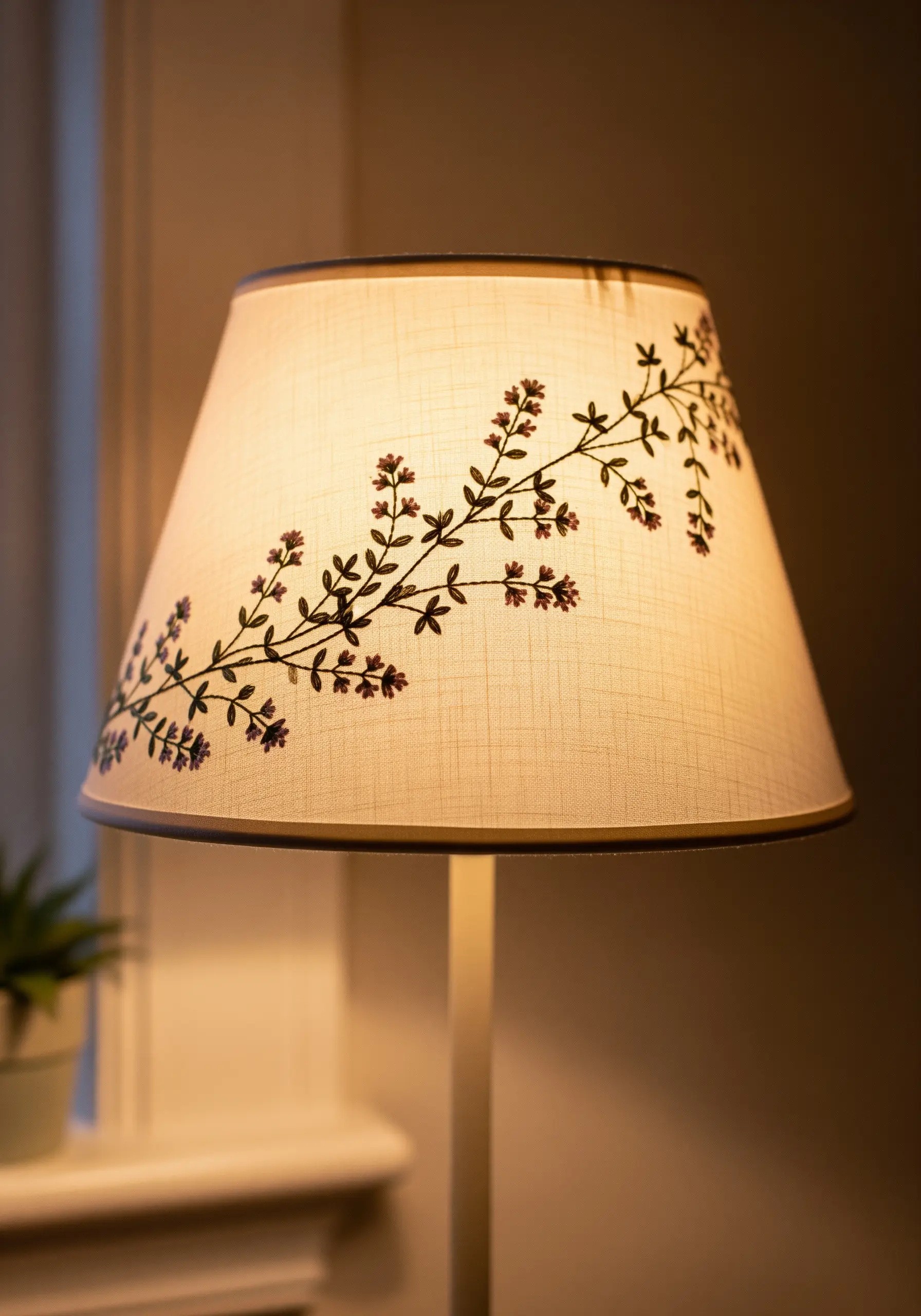 A simple silhouette of a flowering herb branch embroidered around a linen lampshade.
