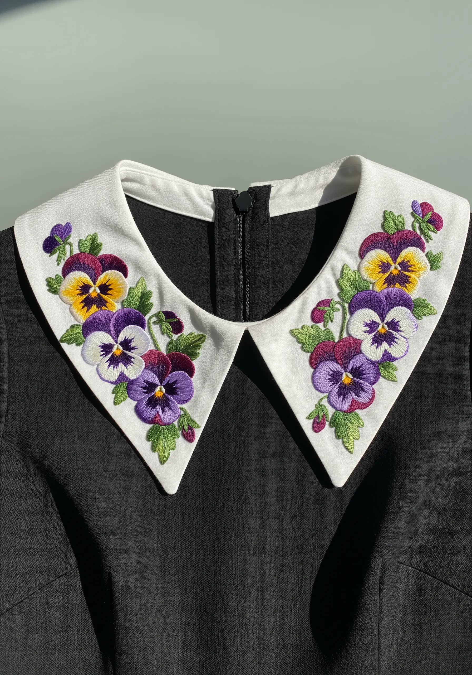 A detachable white collar covered in vibrant, realistic purple and yellow pansies.