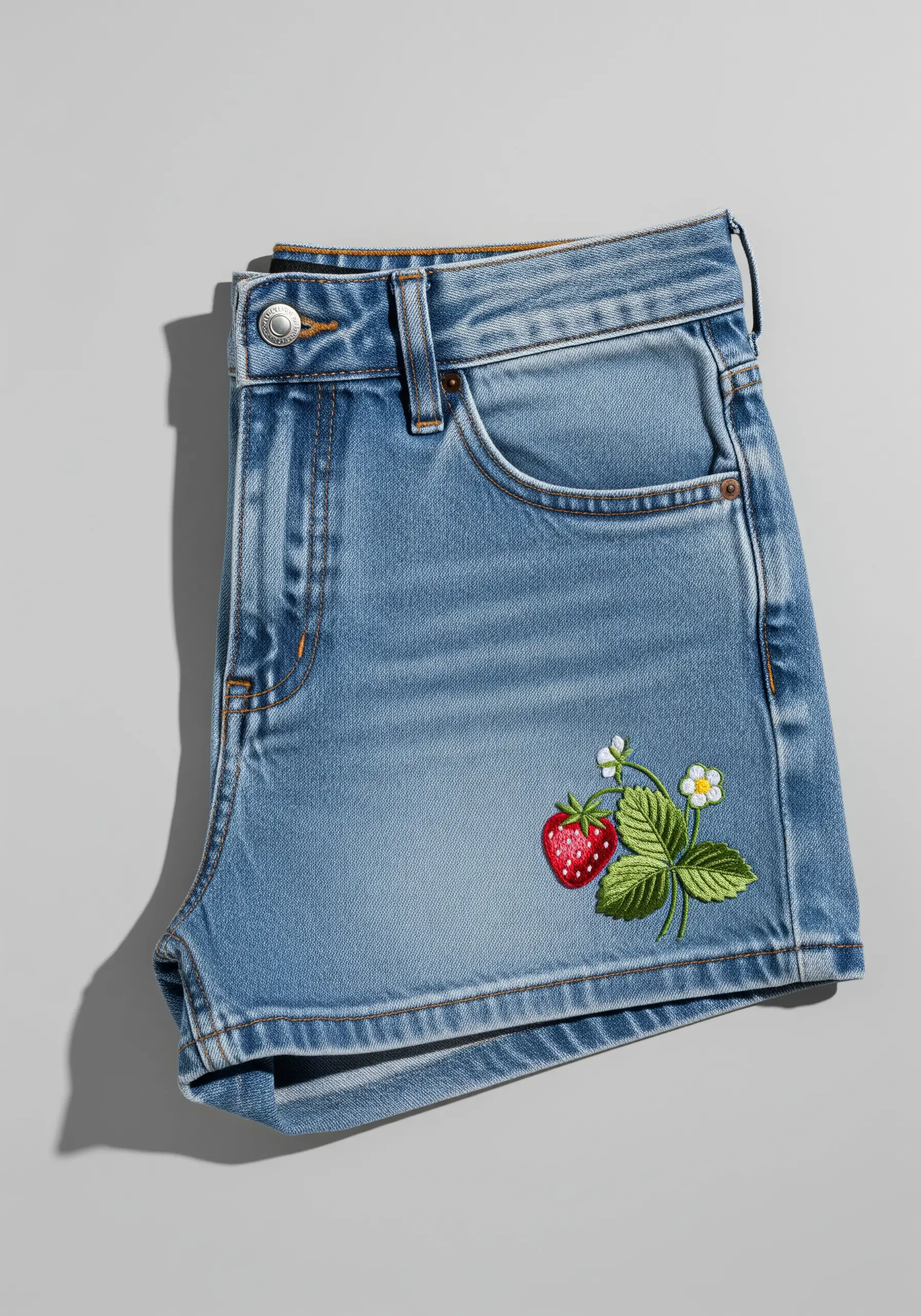 A detailed strawberry with leaves and small white flowers embroidered on light wash denim shorts.