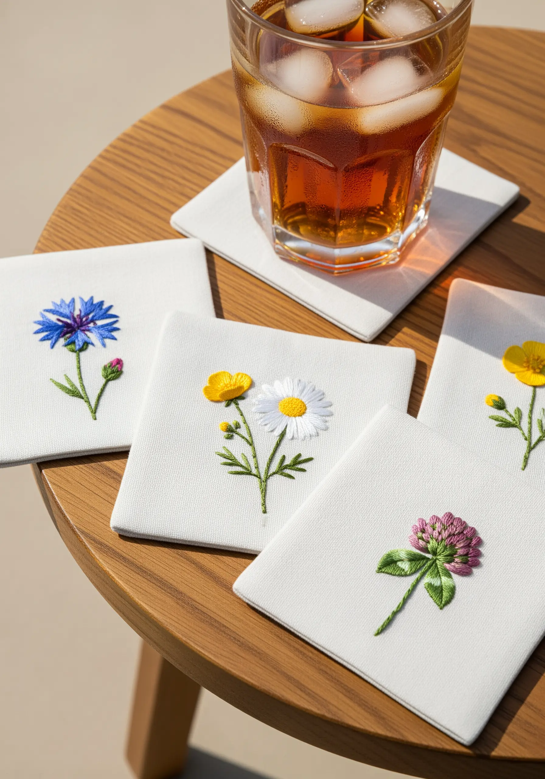 A set of white coasters, each embroidered with a different simple wildflower.