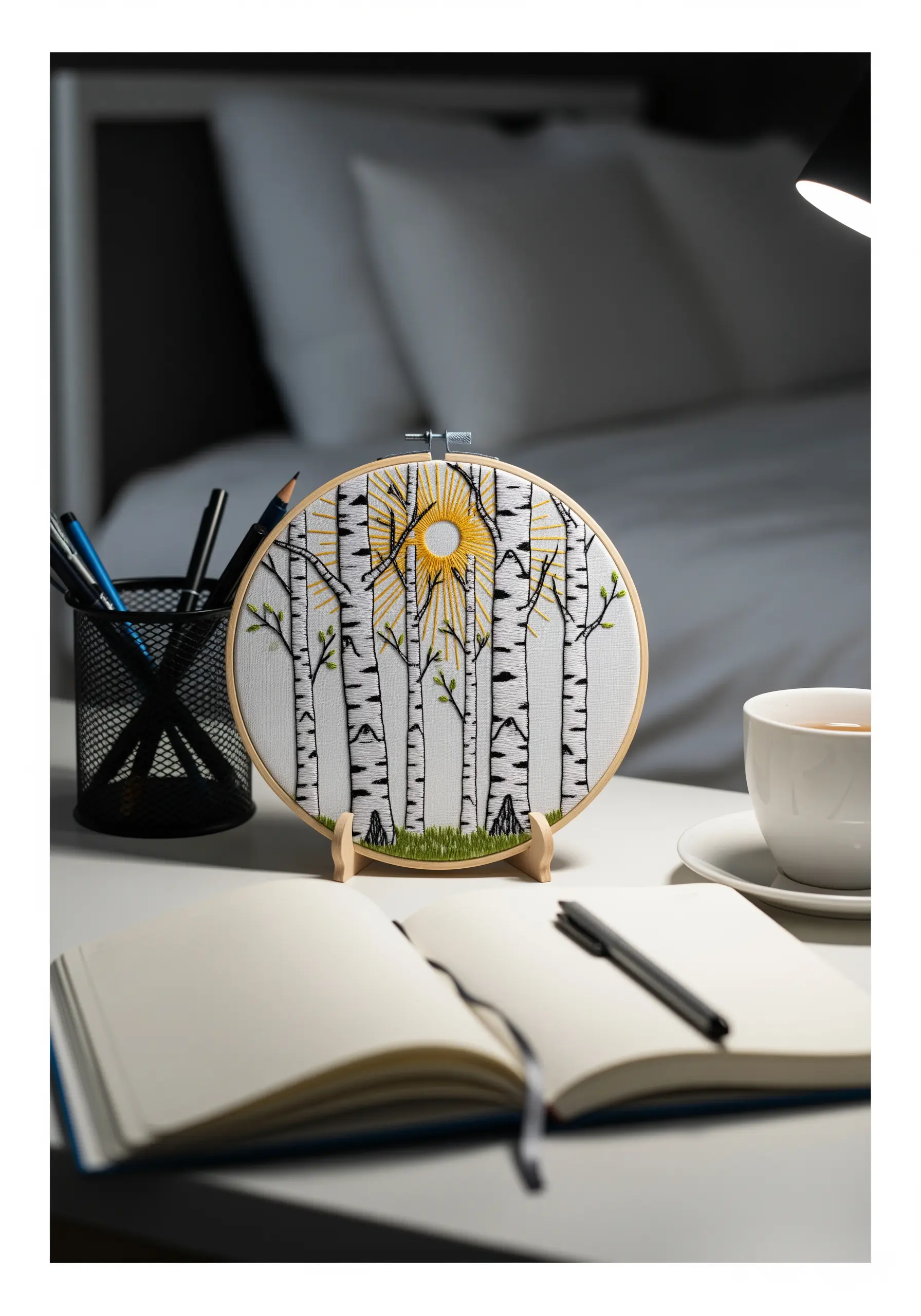 Embroidery of a sun shining through a grove of white birch trees.