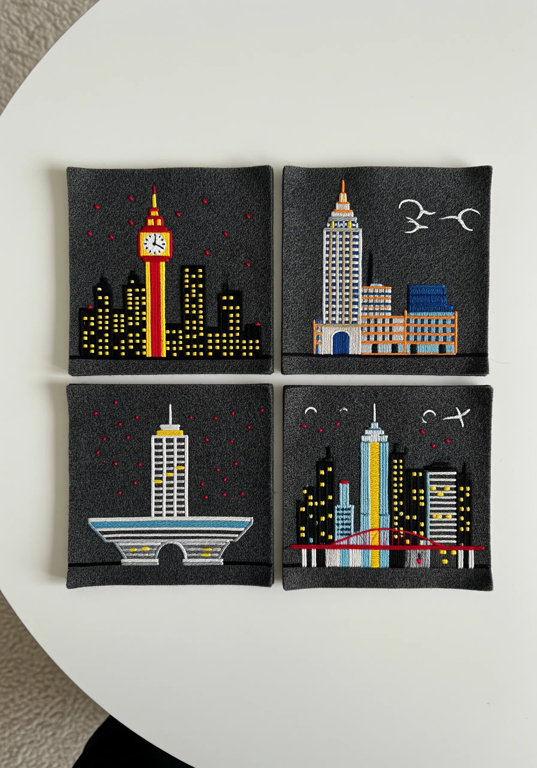 Four small embroidered coasters, each showing a different stylized city building.