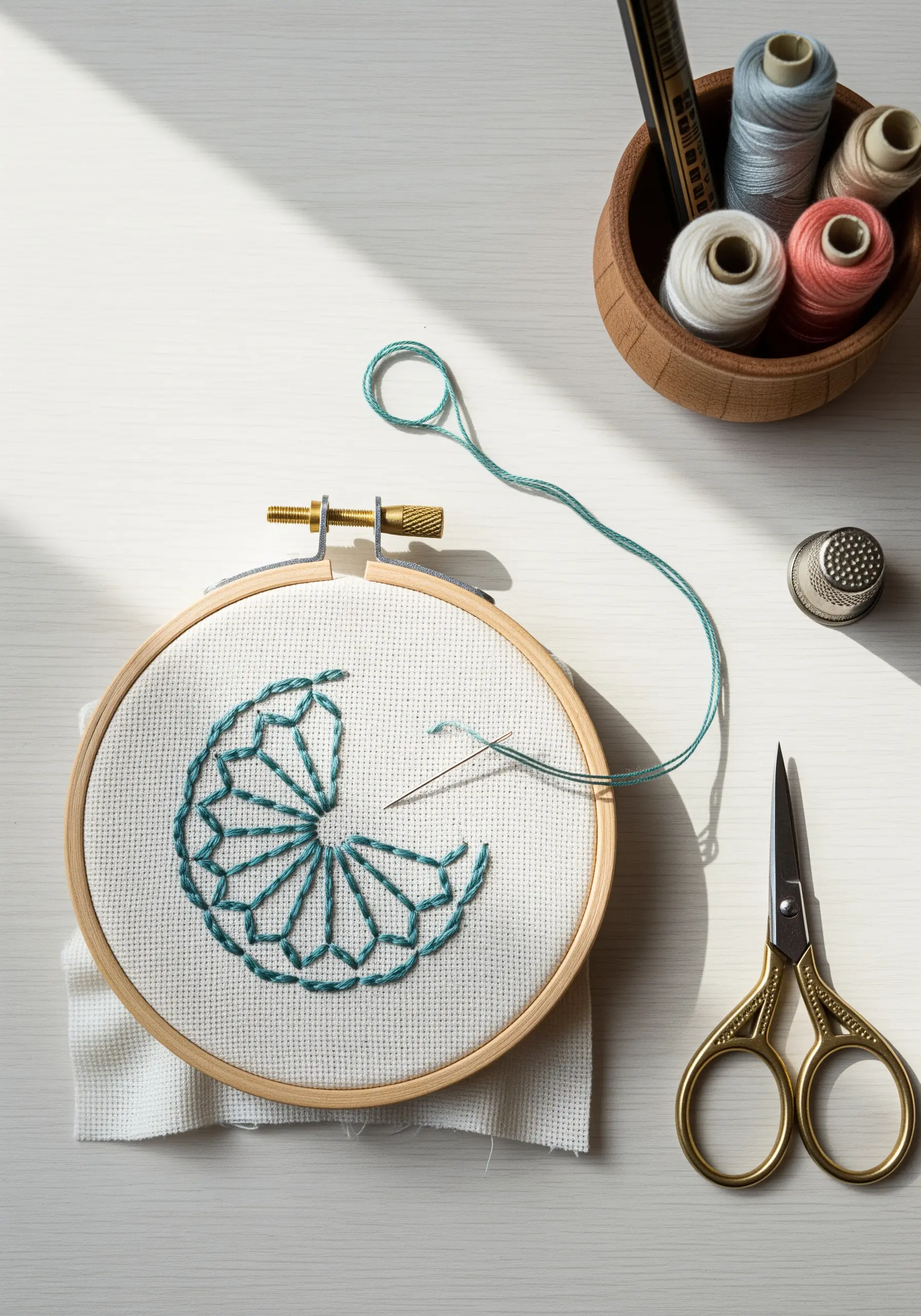 A work-in-progress geometric mandala in teal thread on white fabric in a hoop.