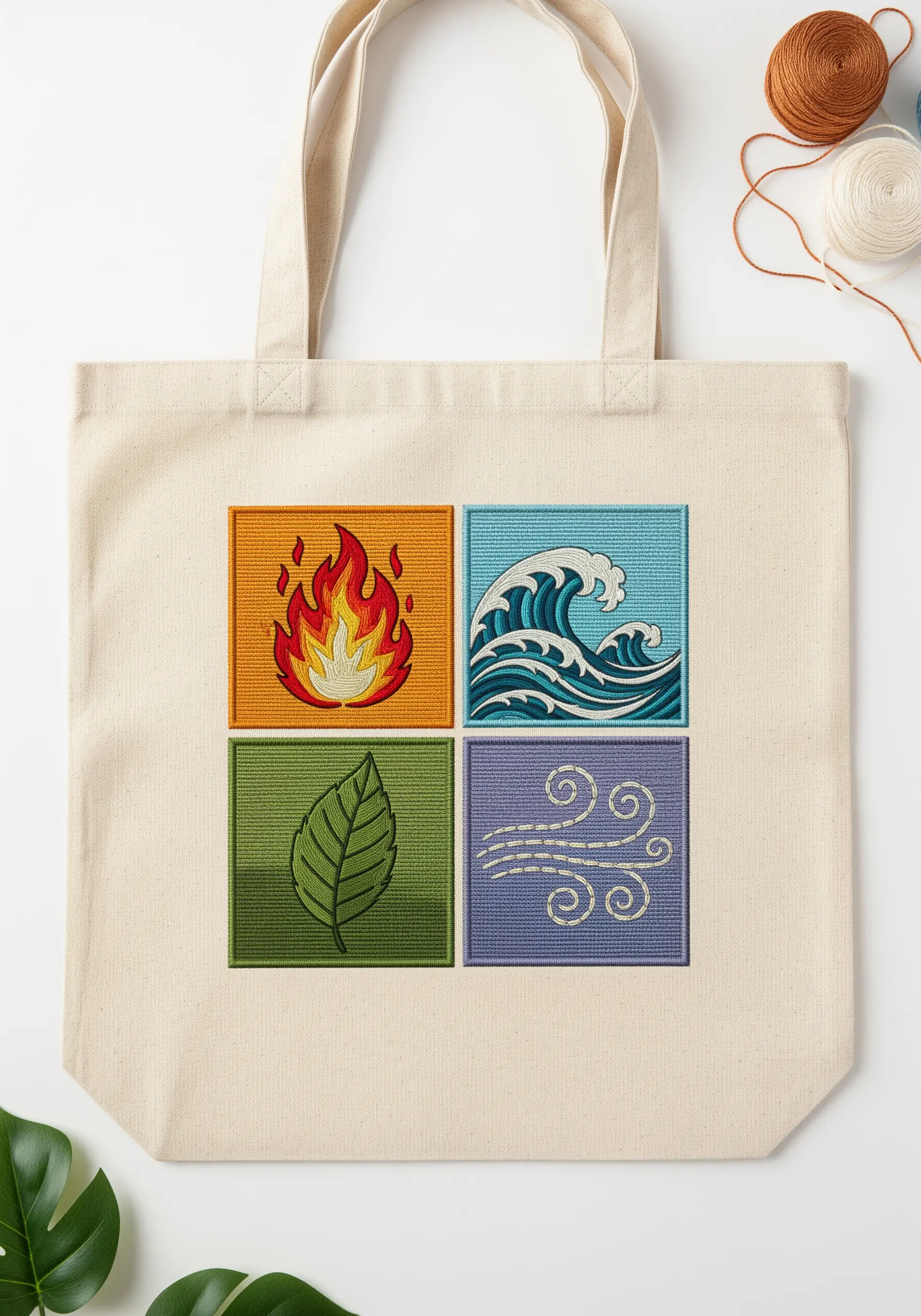 Four embroidered patches representing the elements: fire, water, earth, and air.