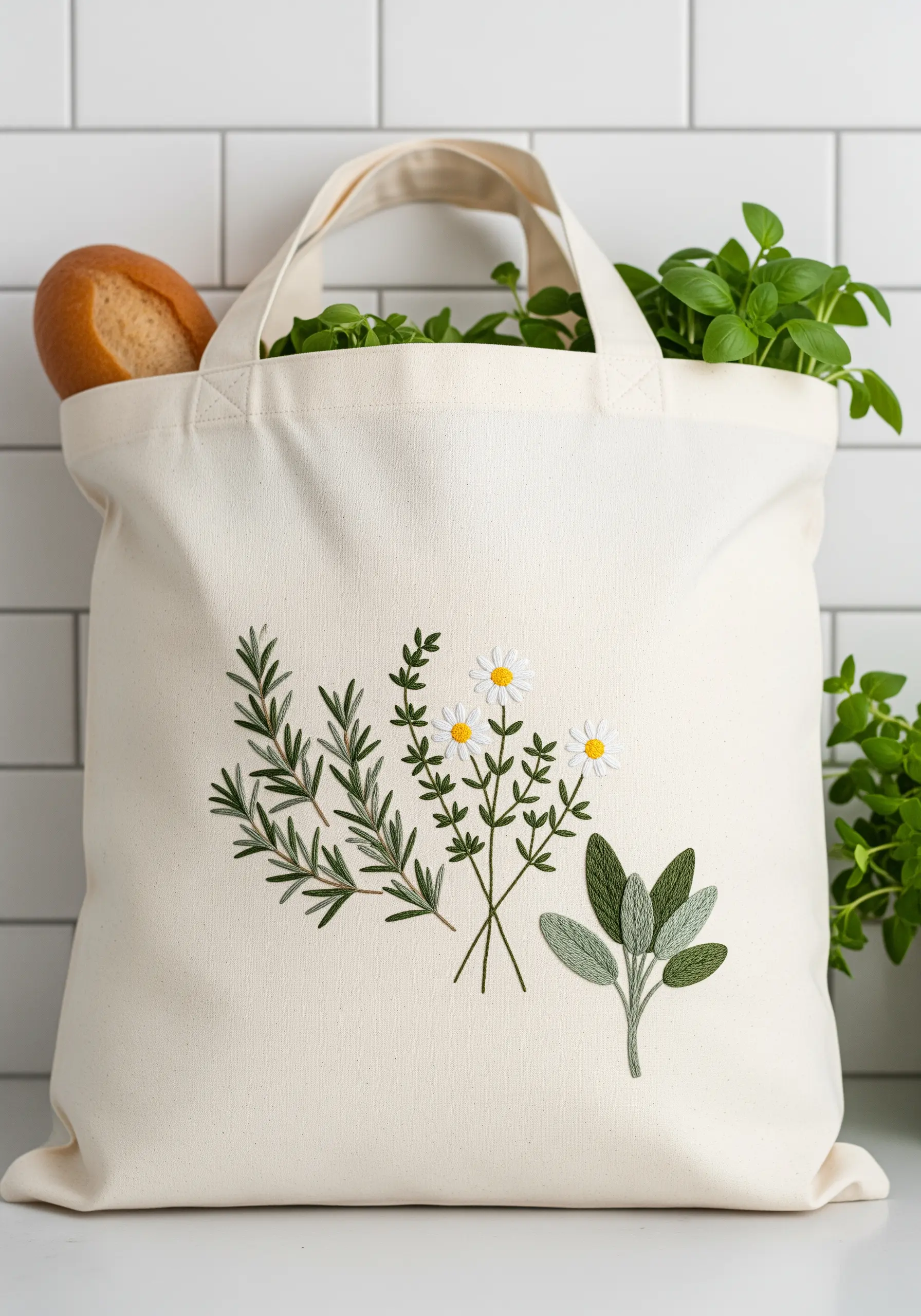 A bundle of embroidered herbs including rosemary, sage, and chamomile.