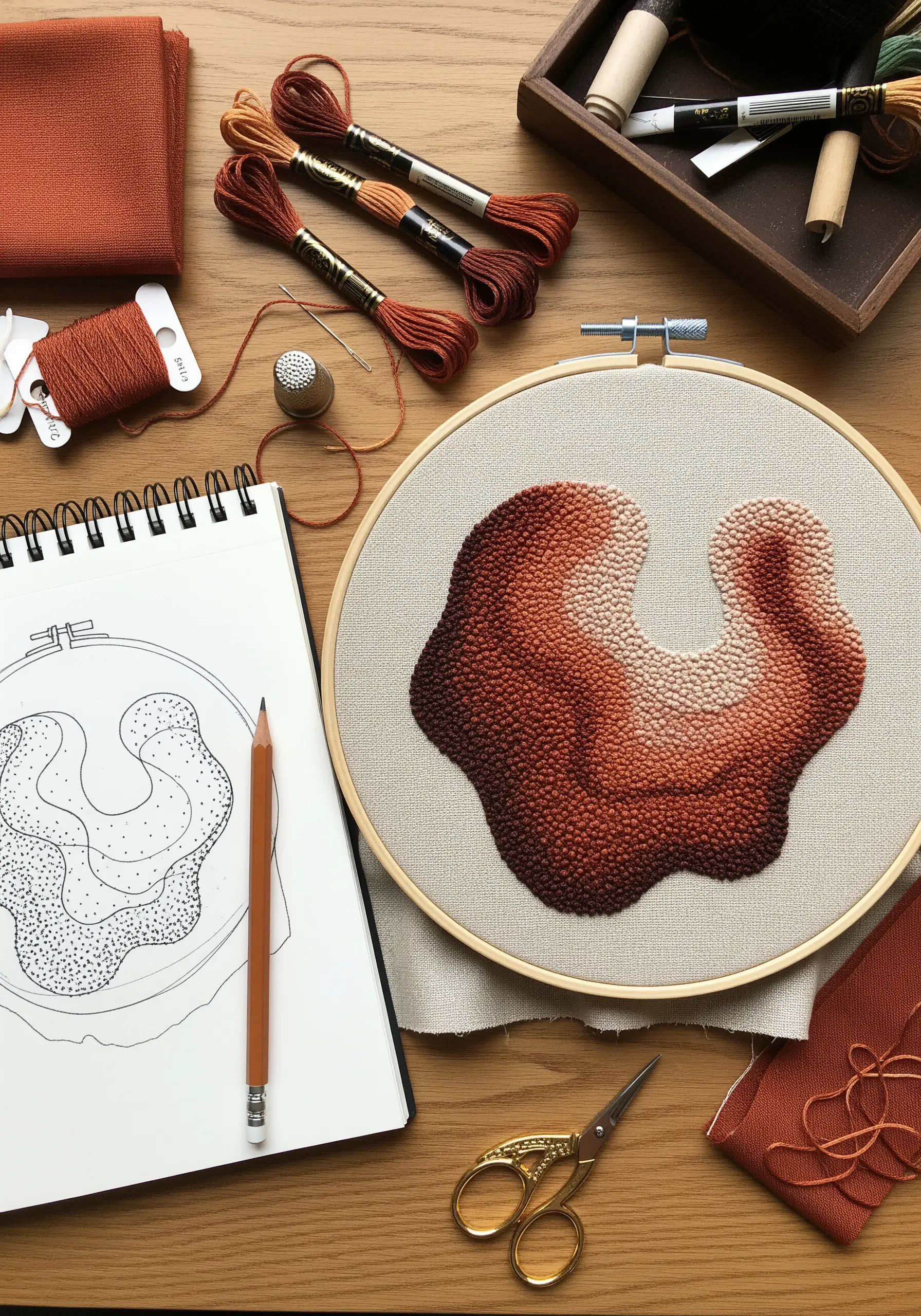 Abstract organic shape filled with gradient brown French knots