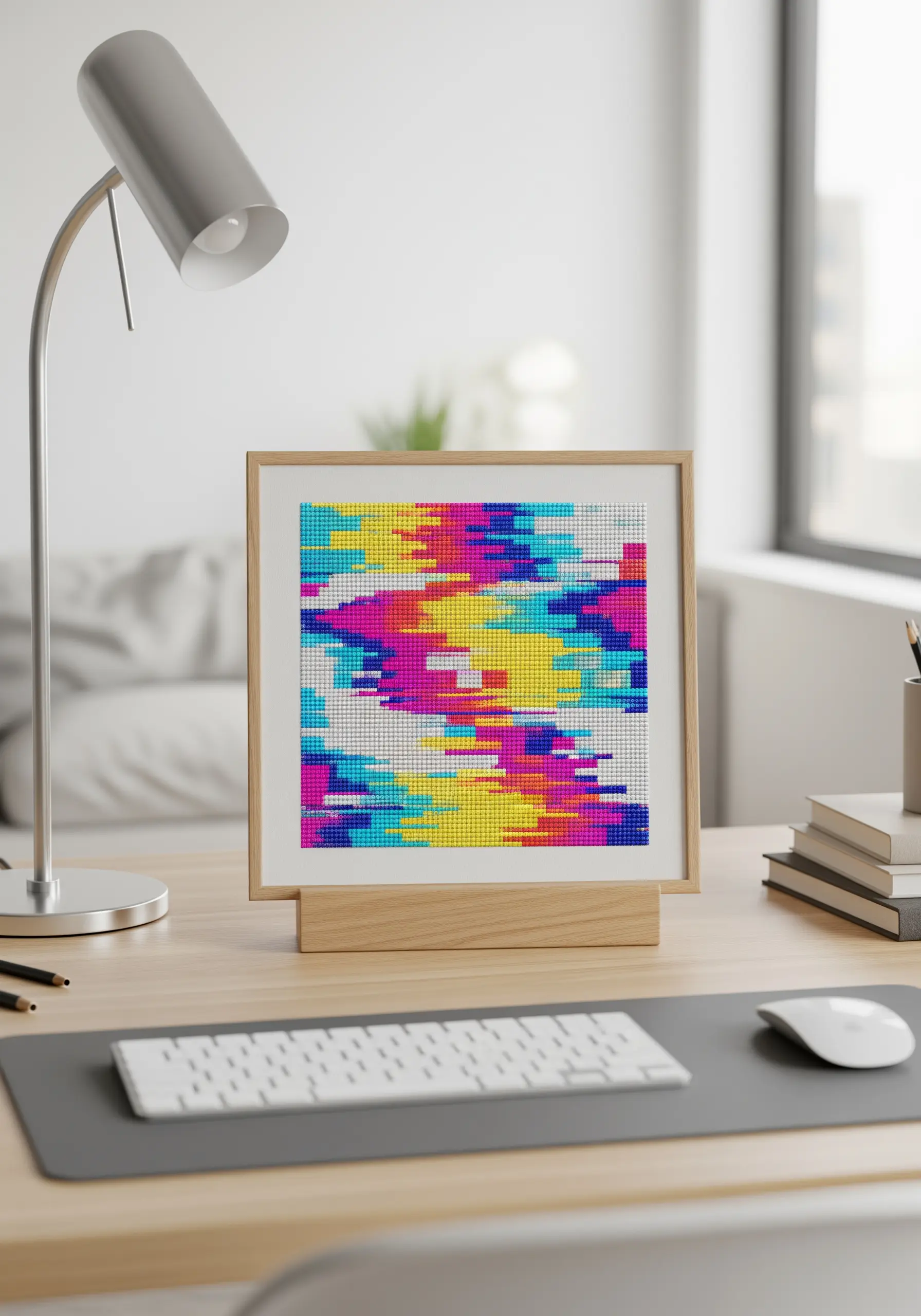 Abstract colorful pixelated cross stitch pattern in a wooden frame