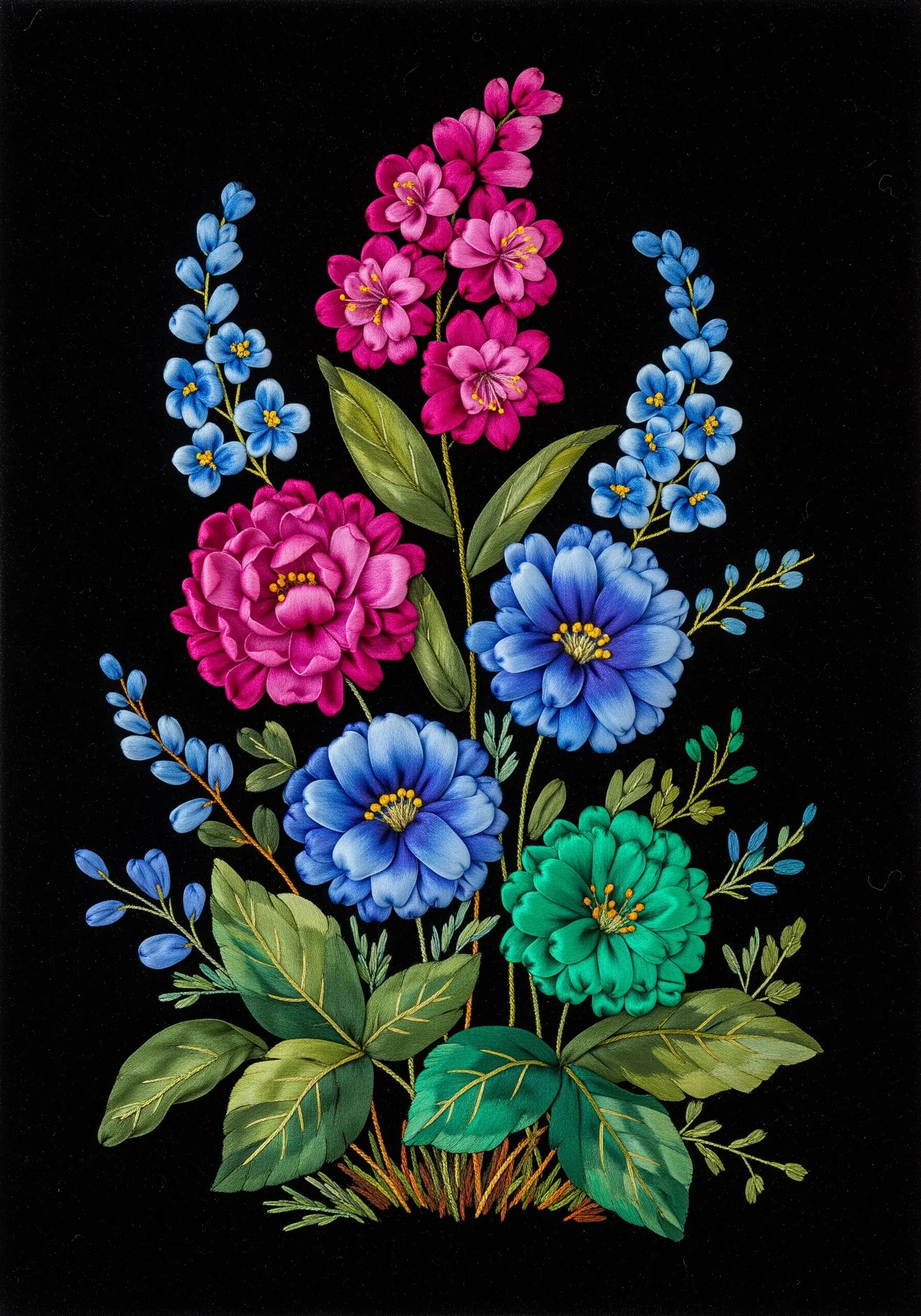 Vibrant floral bouquet created with dimensional silk ribbon embroidery on black fabric.