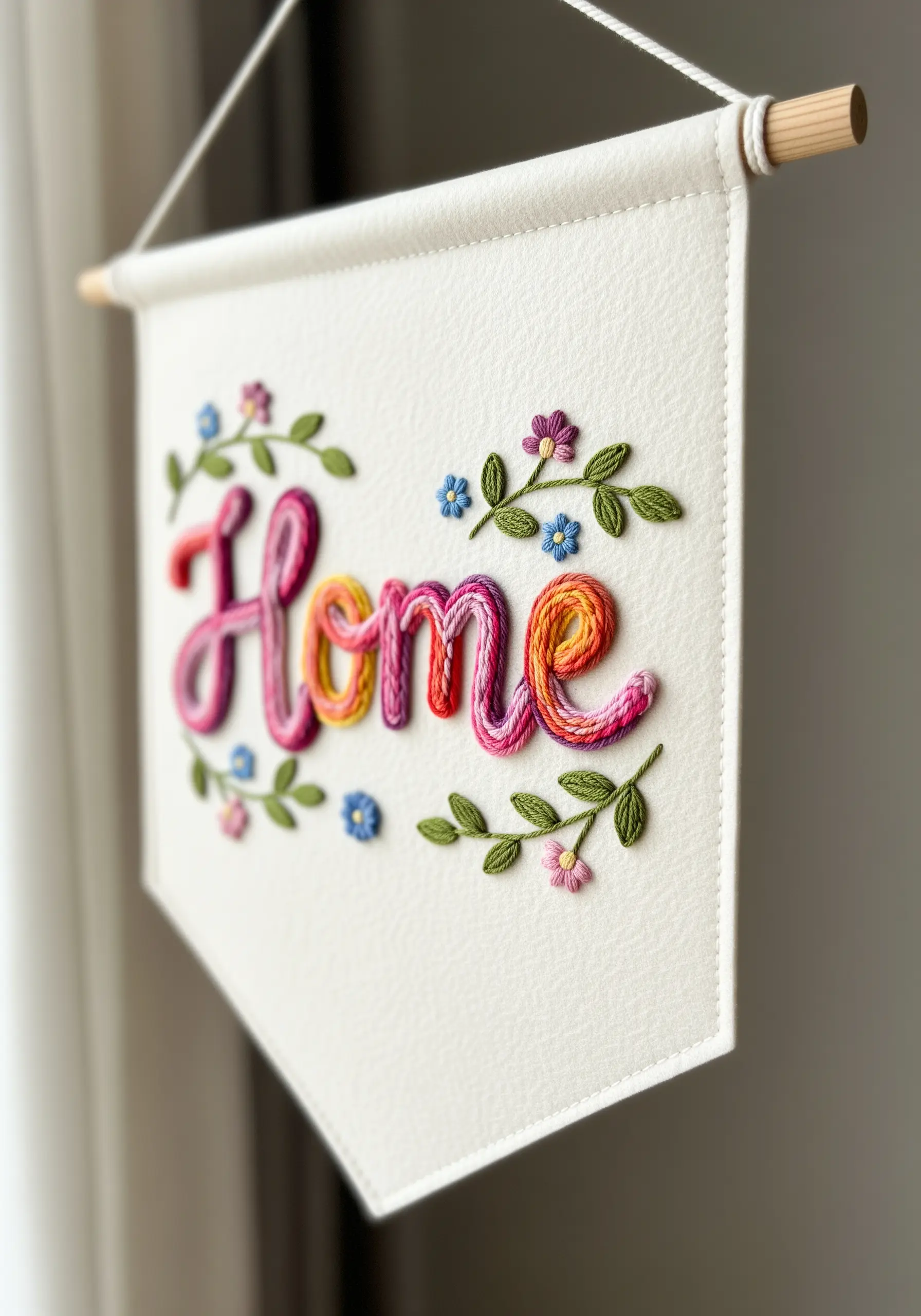 A close-up of the word 'Home' embroidered with a raised satin stitch on a white felt banner.
