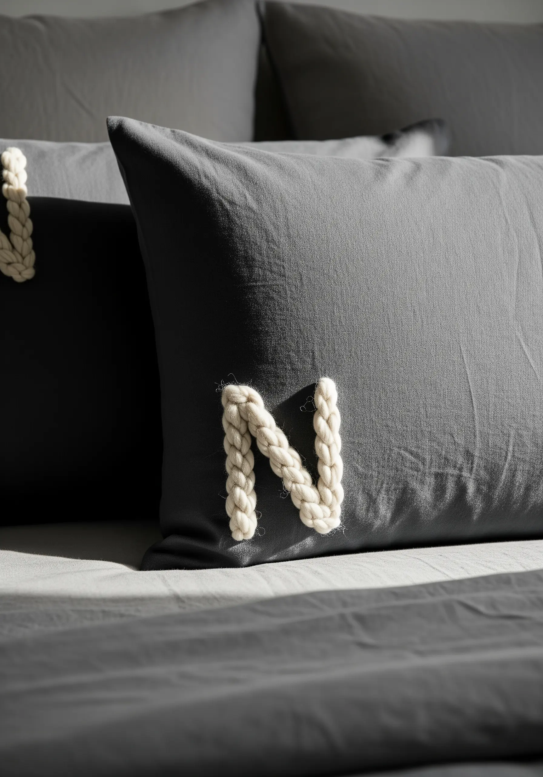 A thick, braided wool letter 'N' couched onto a dark grey pillowcase.