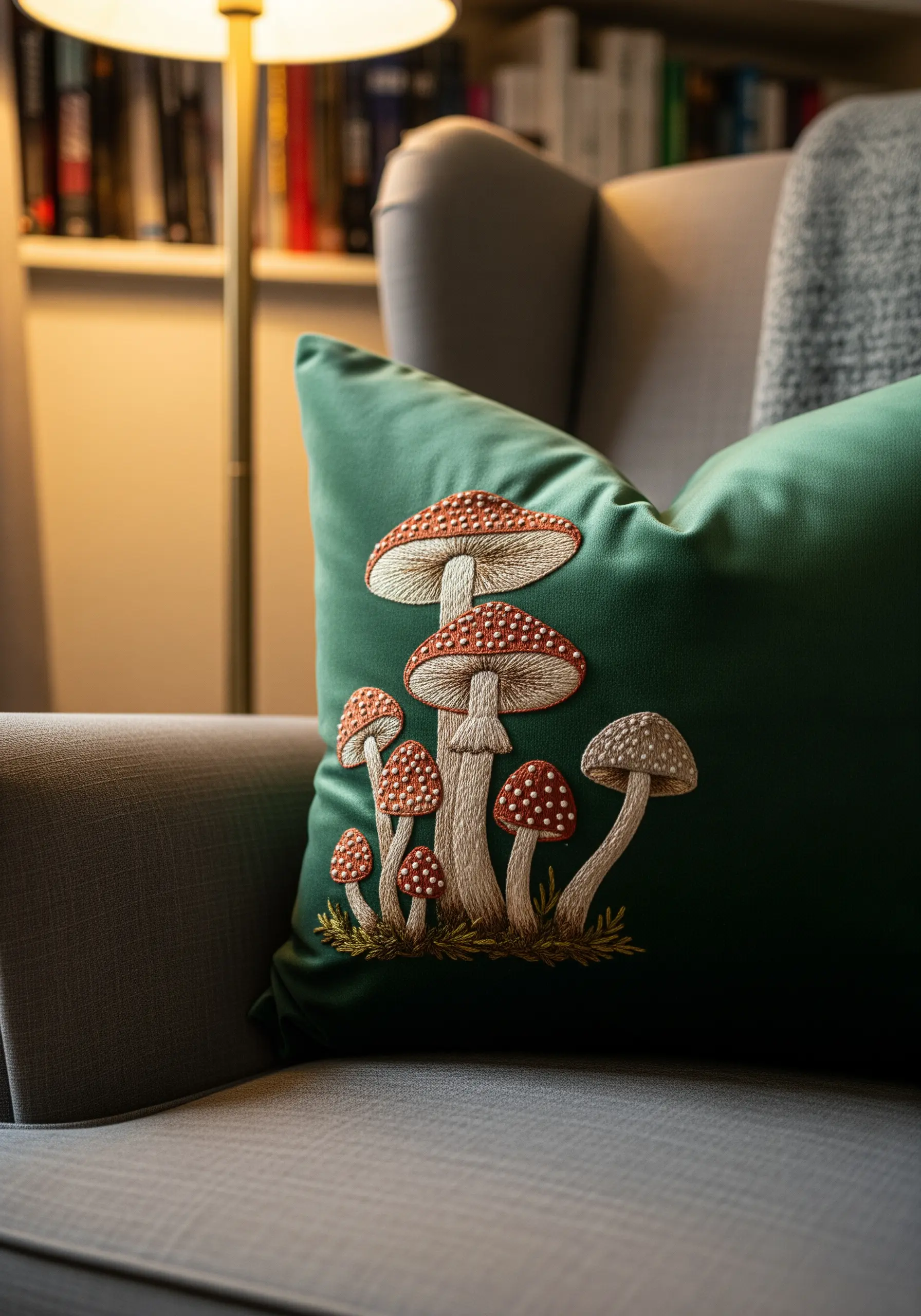 Realistic fly agaric mushrooms embroidered on a dark green velvet cushion.