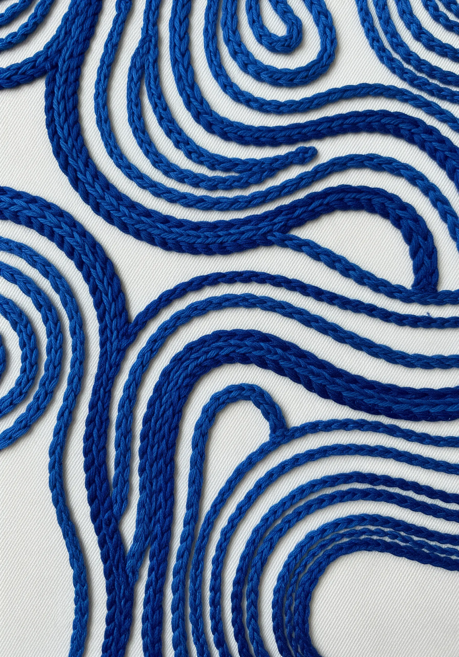 Bold, rope-like blue lines created with a thick raised chain stitch.