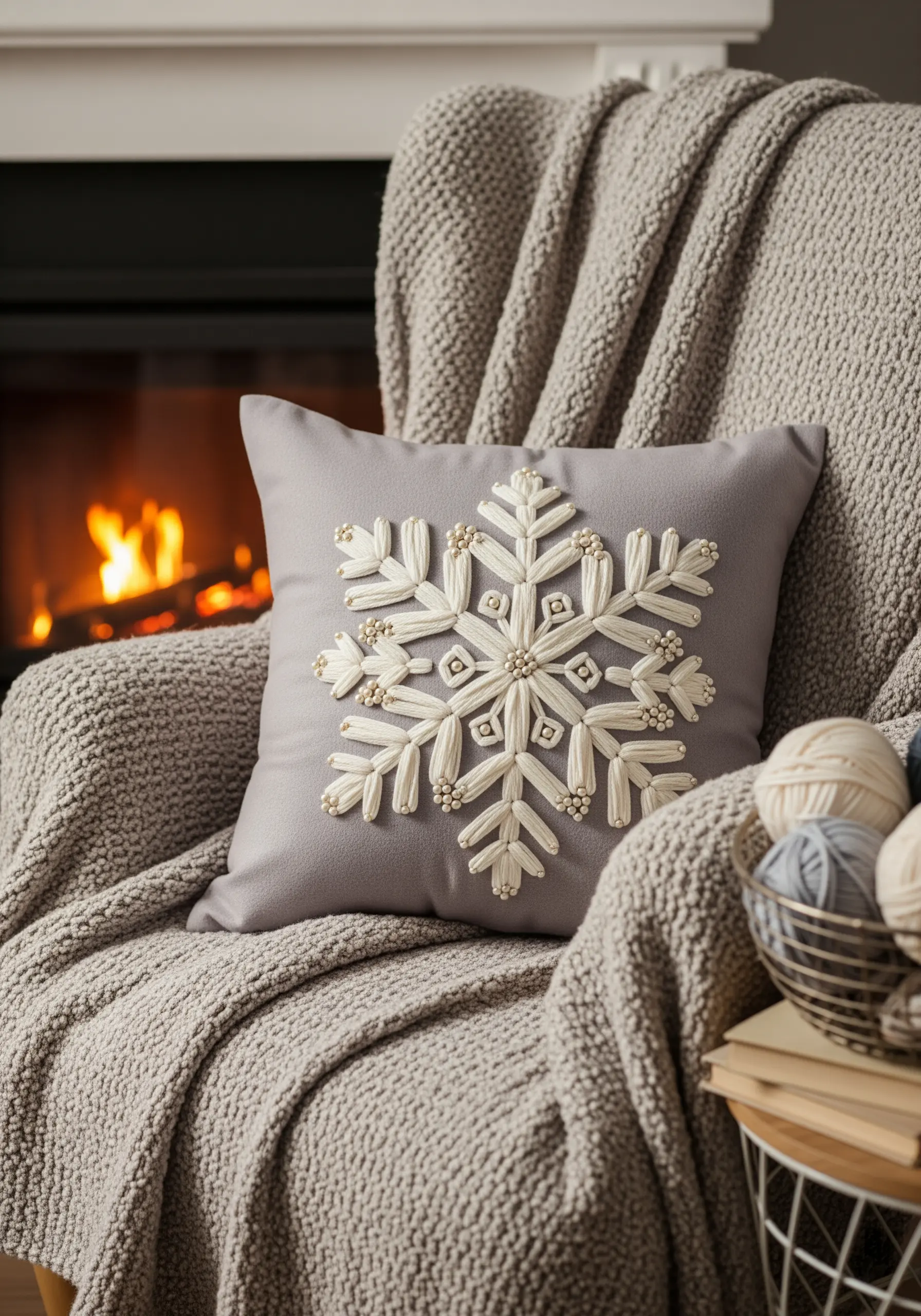 A heavily textured, beaded snowflake embroidered in white on a gray cushion.