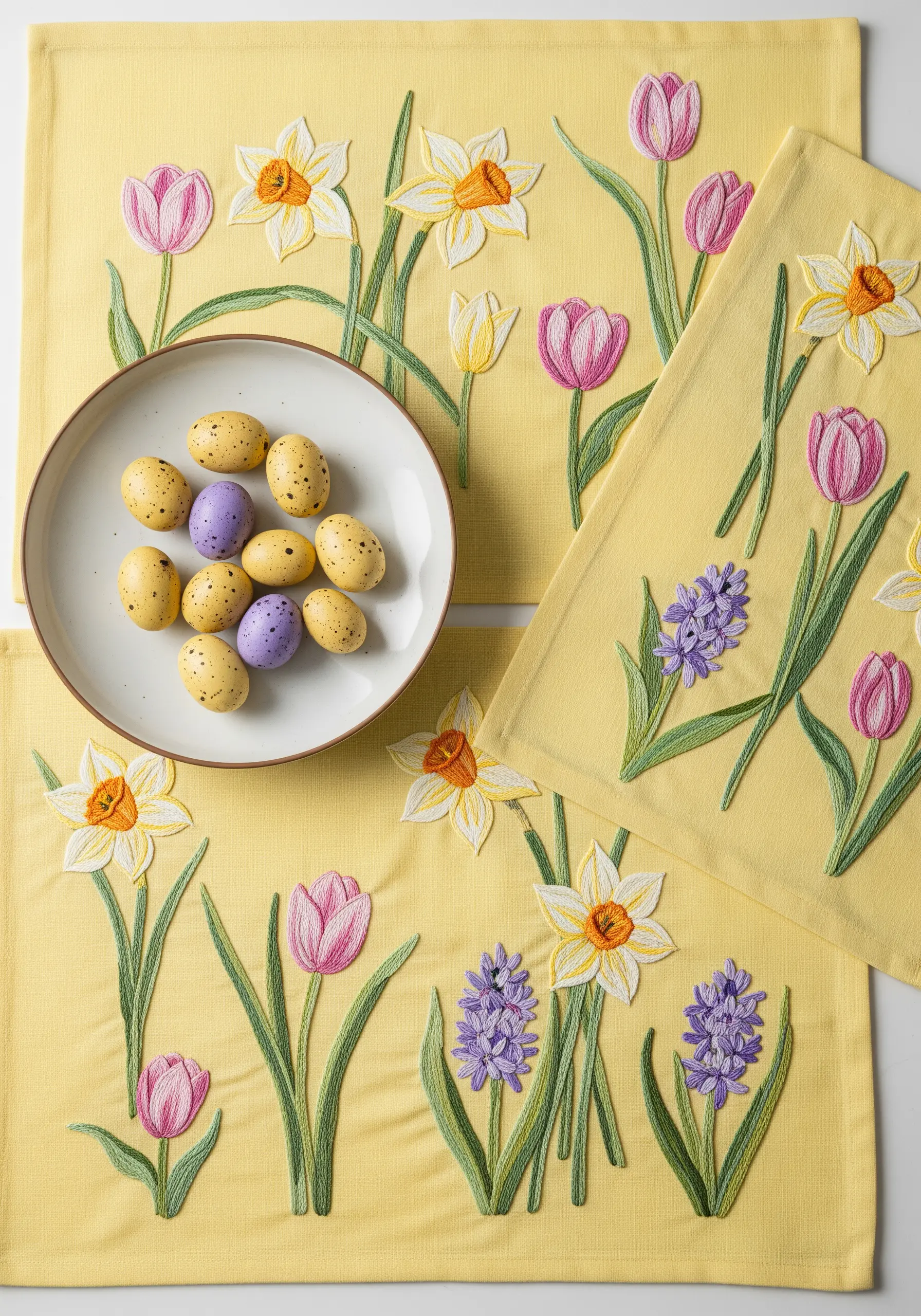 Embroidered daffodils, tulips, and hyacinths on yellow placemats for Easter.