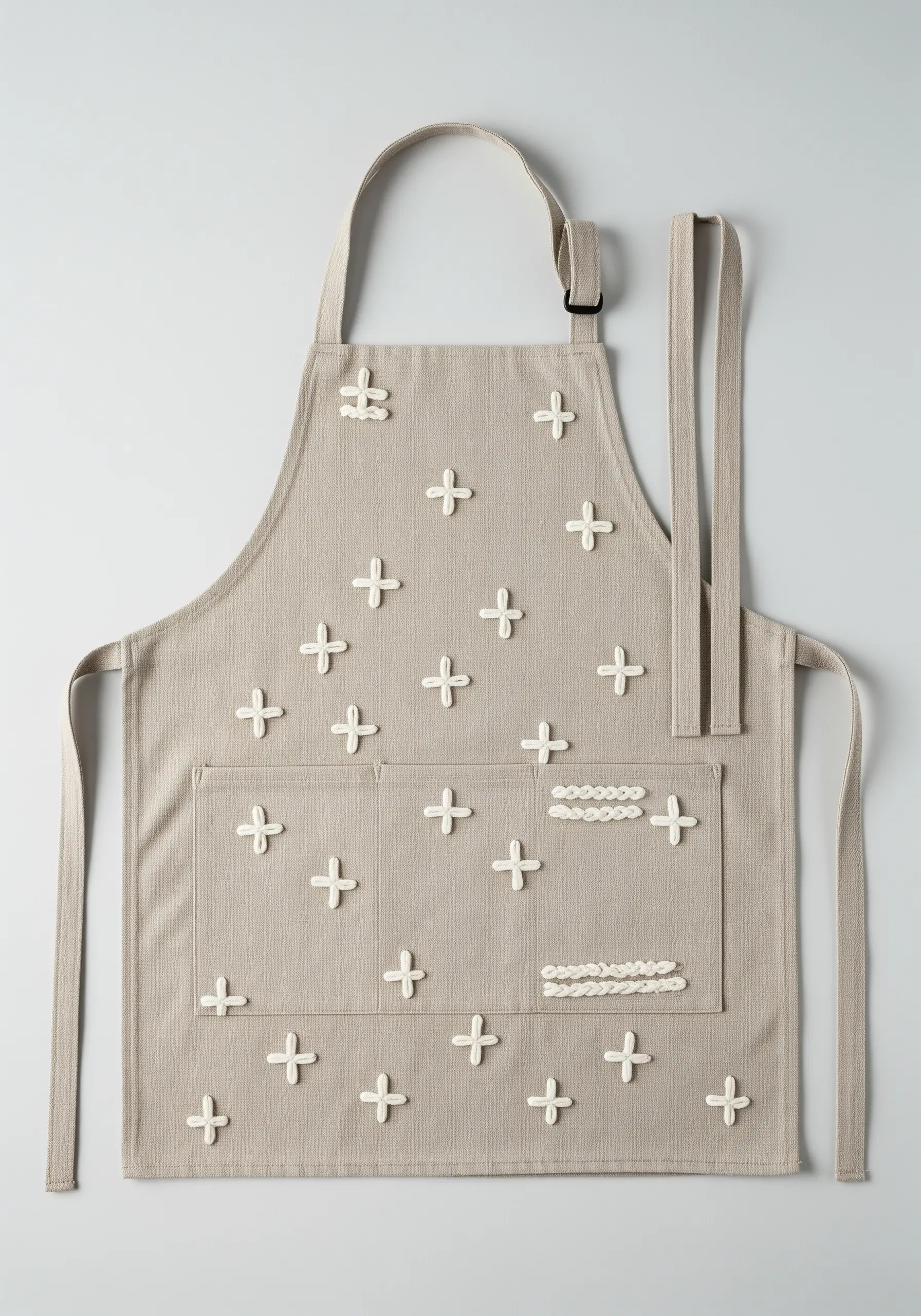 An all-over pattern of raised, woven cross stitches in white thread on a beige apron.