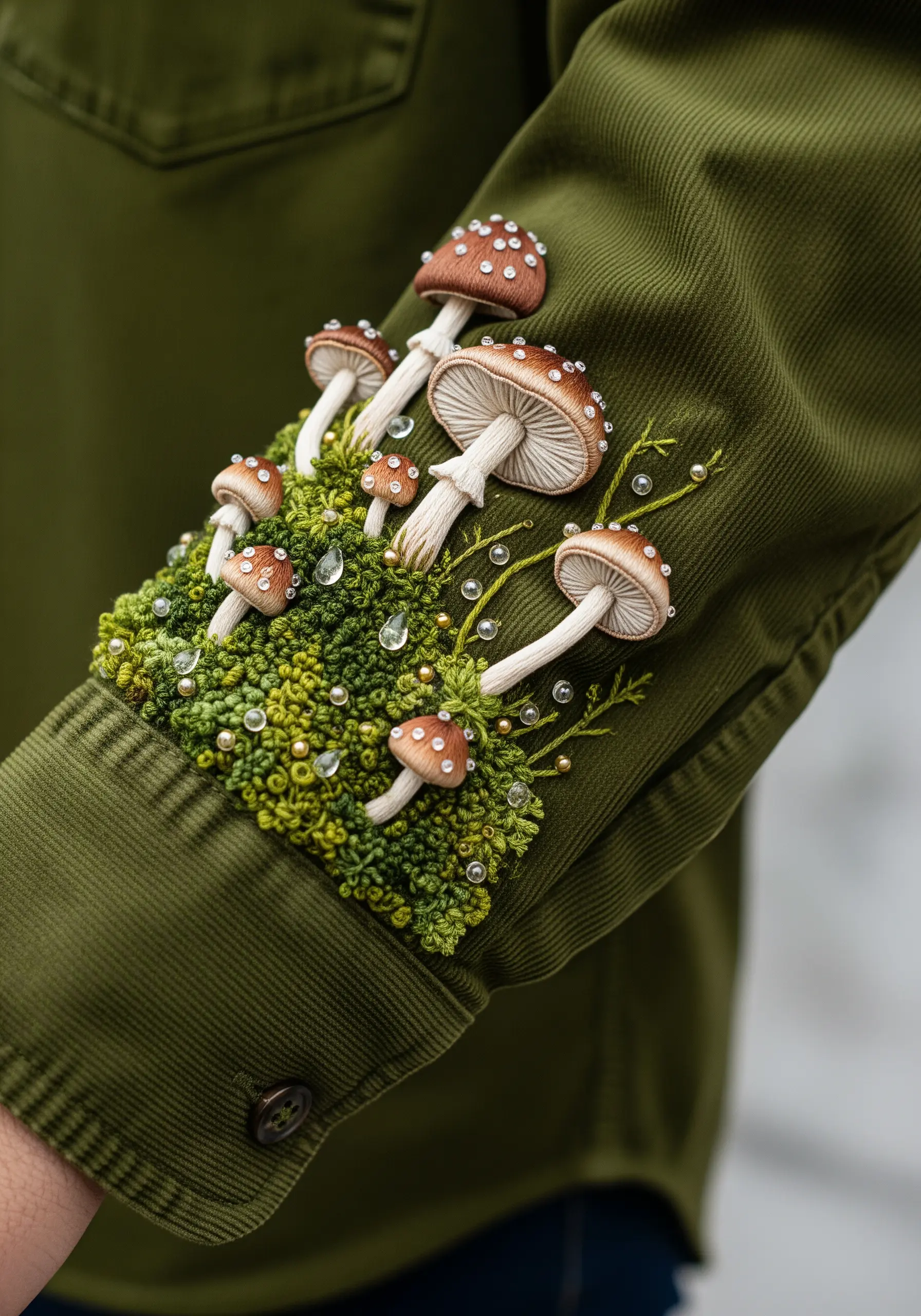 Realistic 3D embroidered mushrooms with beaded details on a mossy bed of French knots on a corduroy cuff.