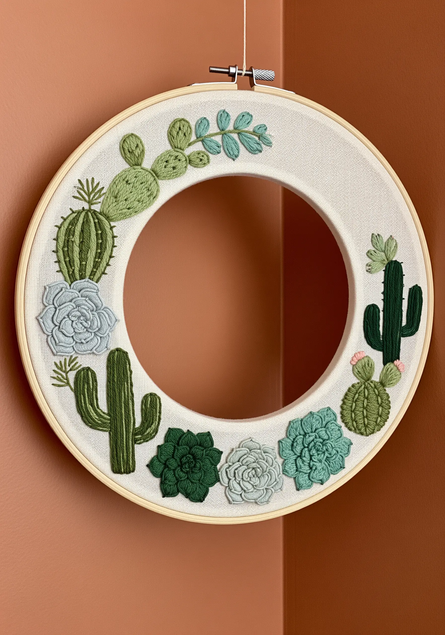 Embroidery hoop featuring a wreath of various textured succulents and cacti
