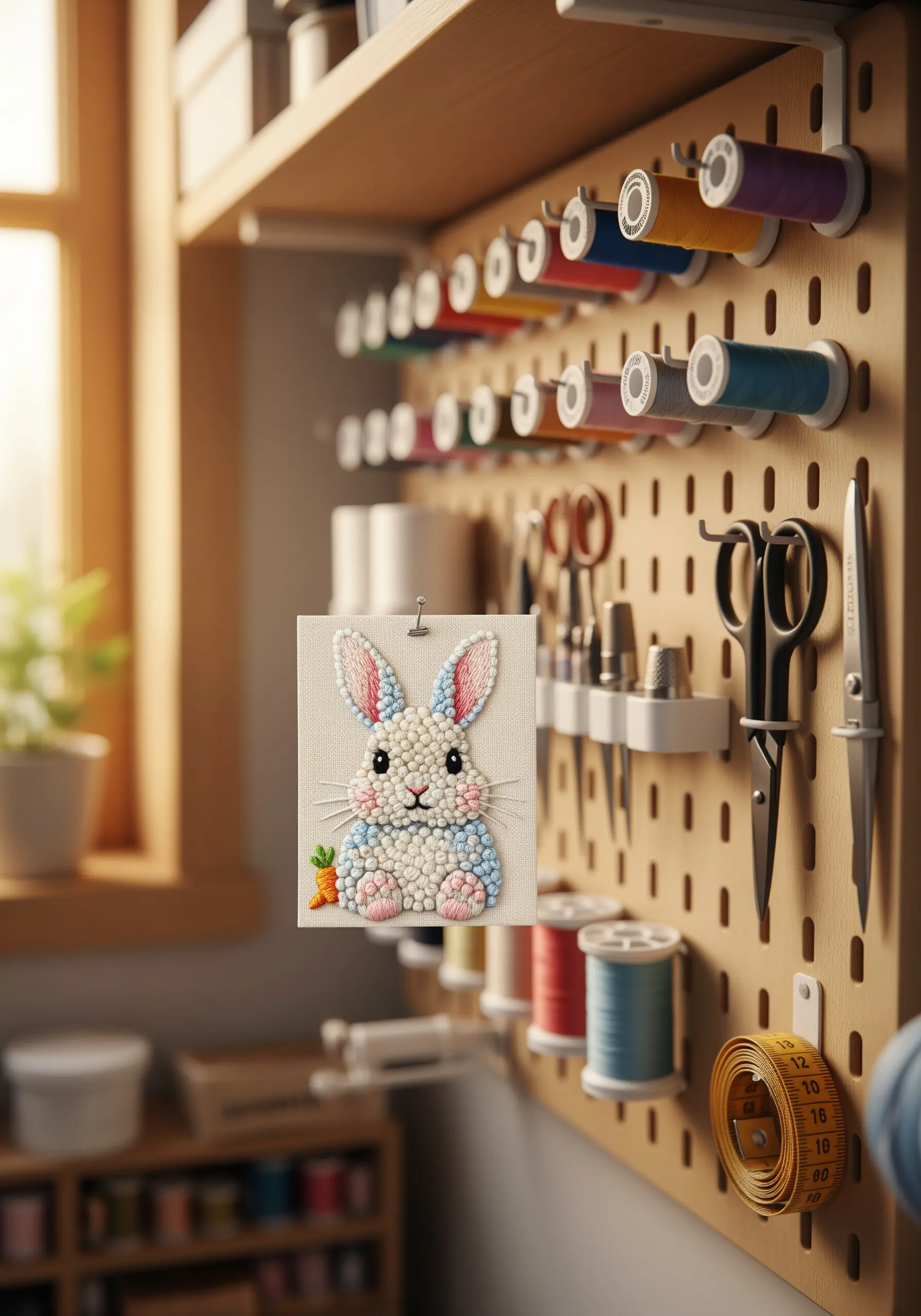 A small bunny portrait made entirely of colorful French knots.
