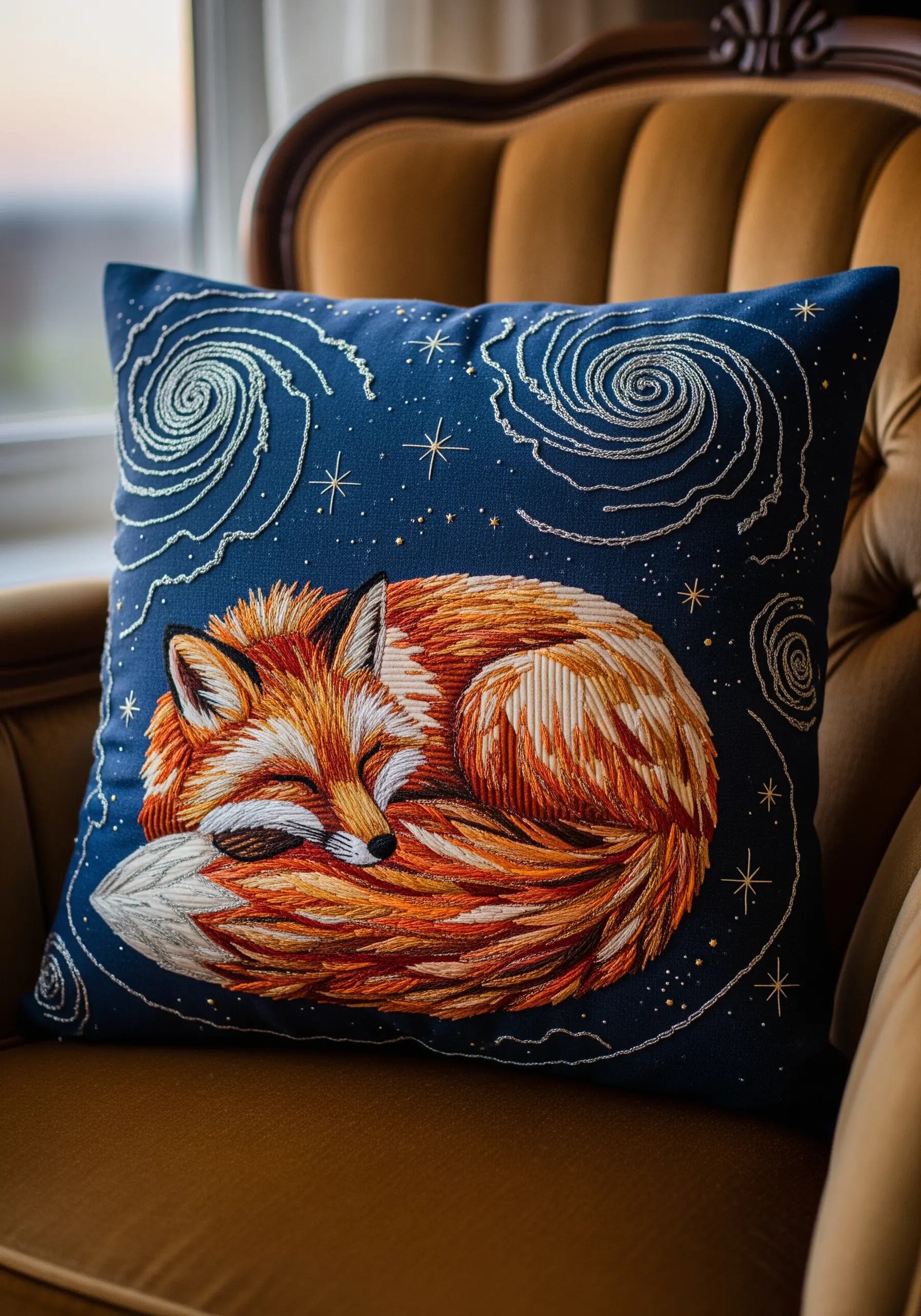 Embroidered sleeping fox on a blue cushion with directional satin stitch for fur.