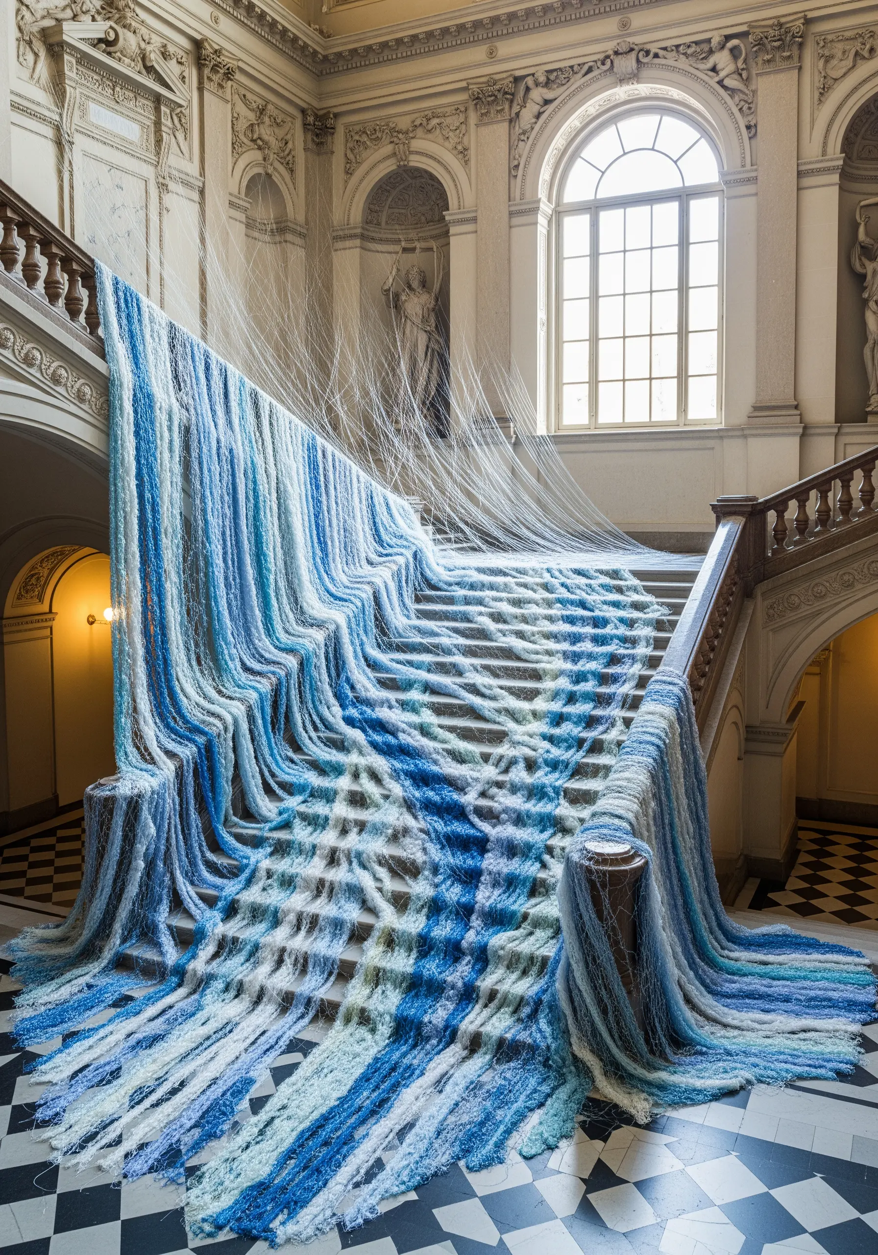 A cascade of blue, white, and green yarns flowing down a grand staircase.