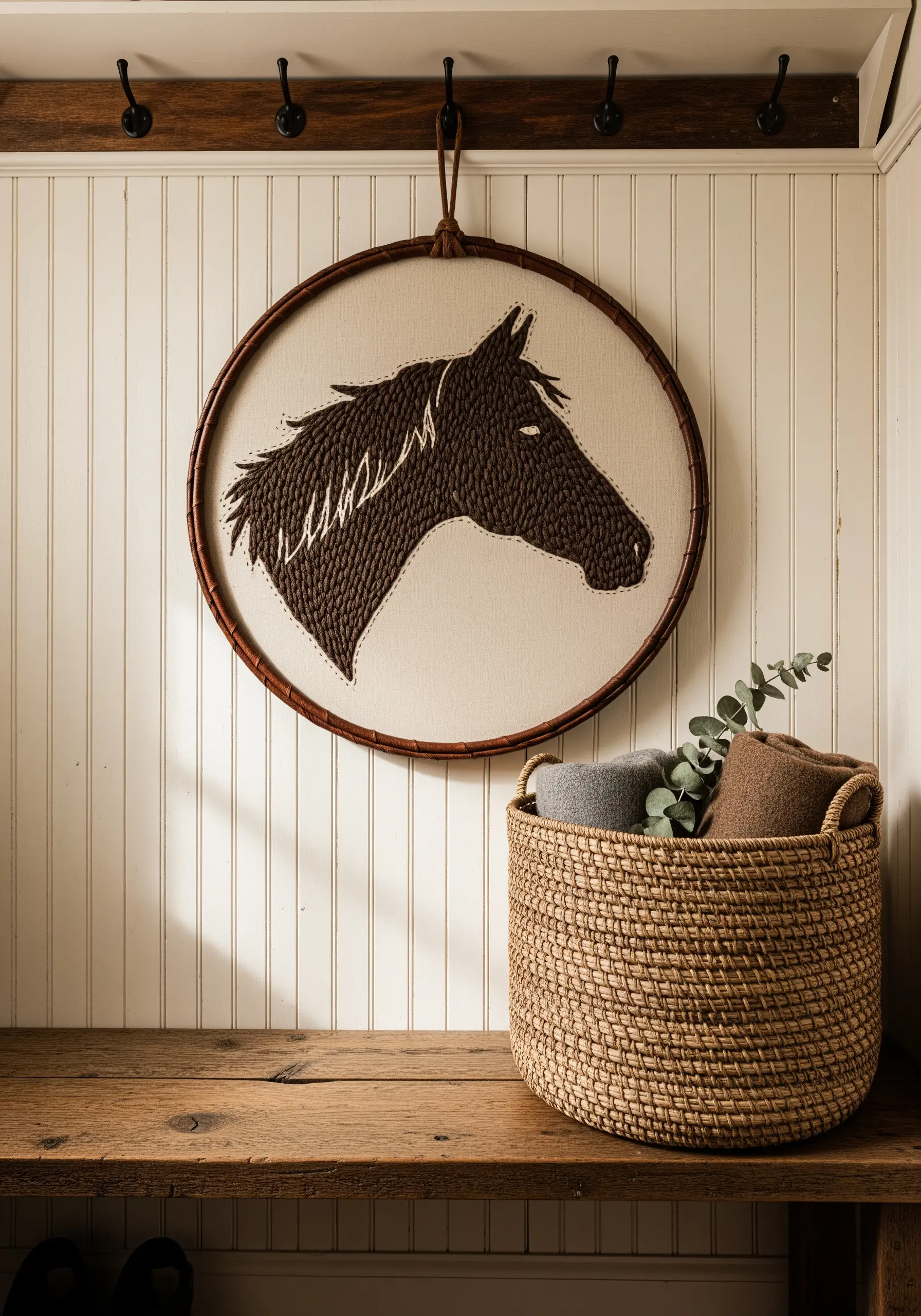 Horse head profile embroidery with directional stitching for texture