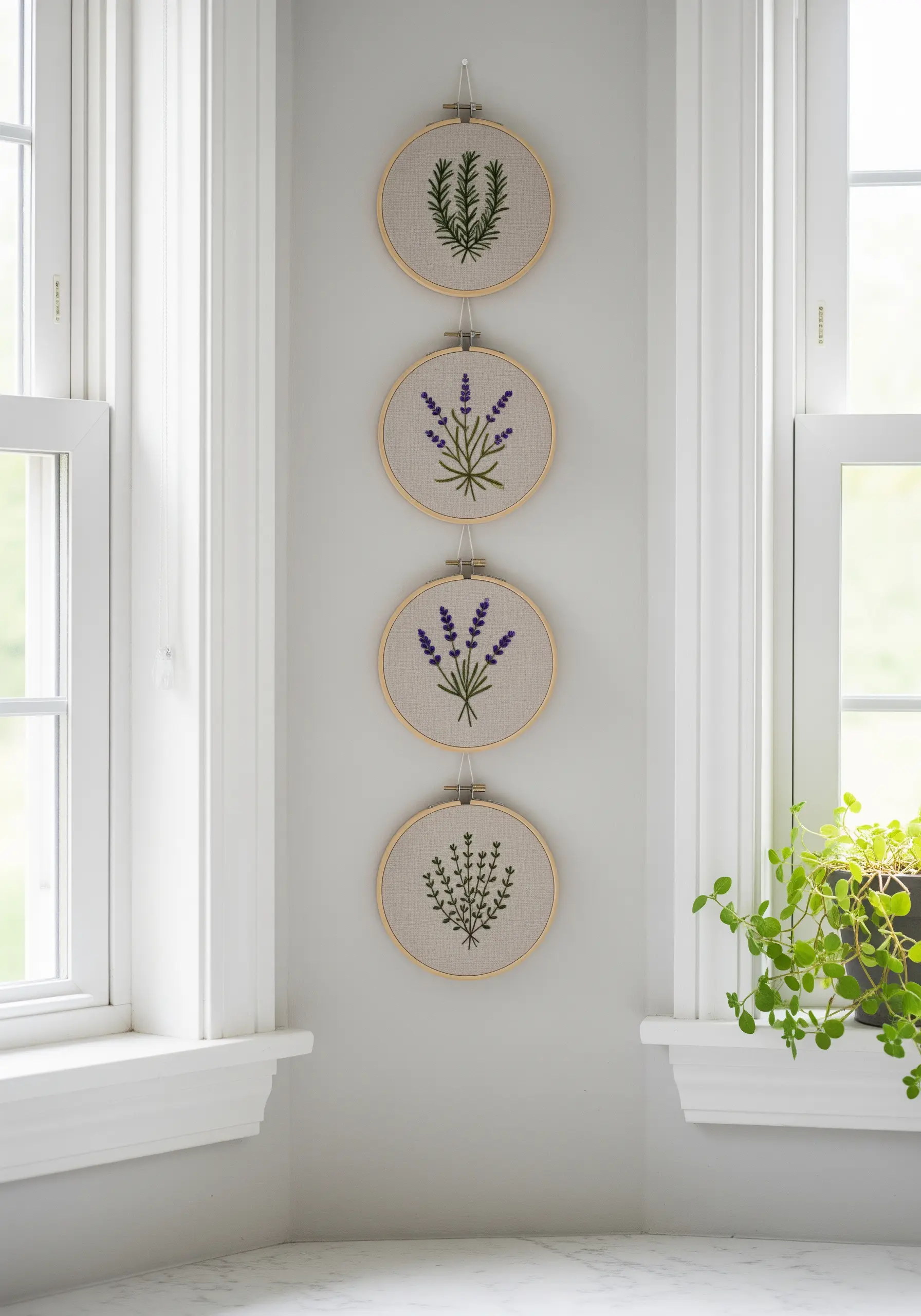 Four embroidery hoops hanging vertically, each featuring a simple embroidered herb like rosemary or lavender.