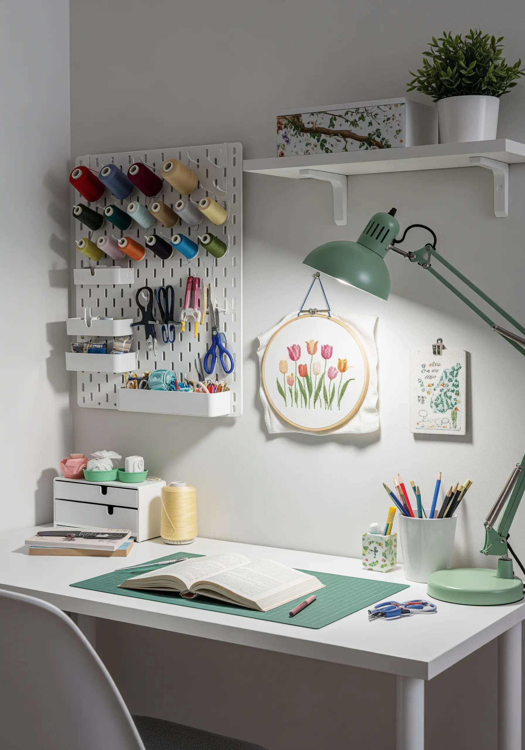 An embroidery of spring tulips, still on its large backing fabric, hanging in a craft space.