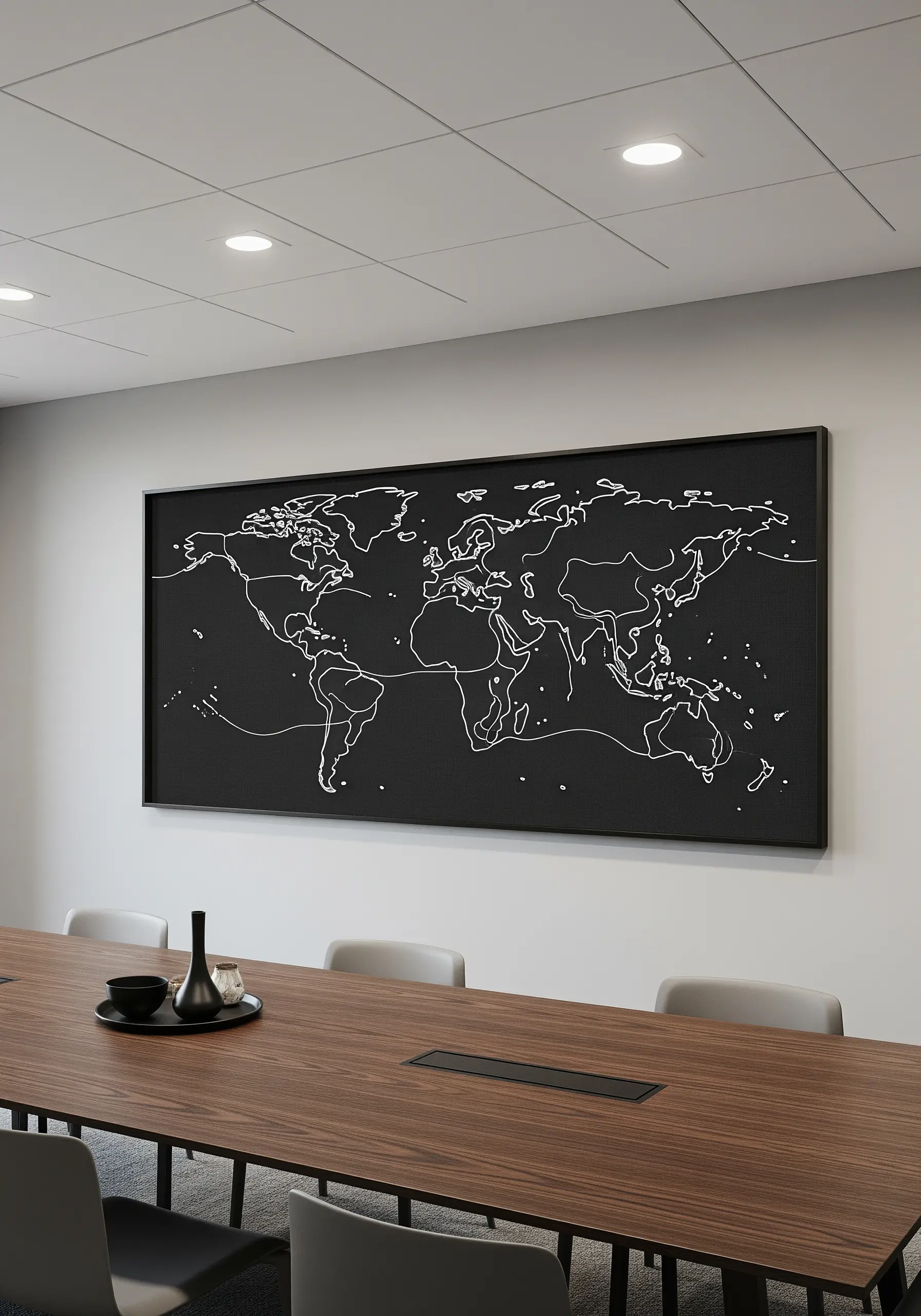 A large, single-line world map embroidered in white thread on a black framed canvas.
