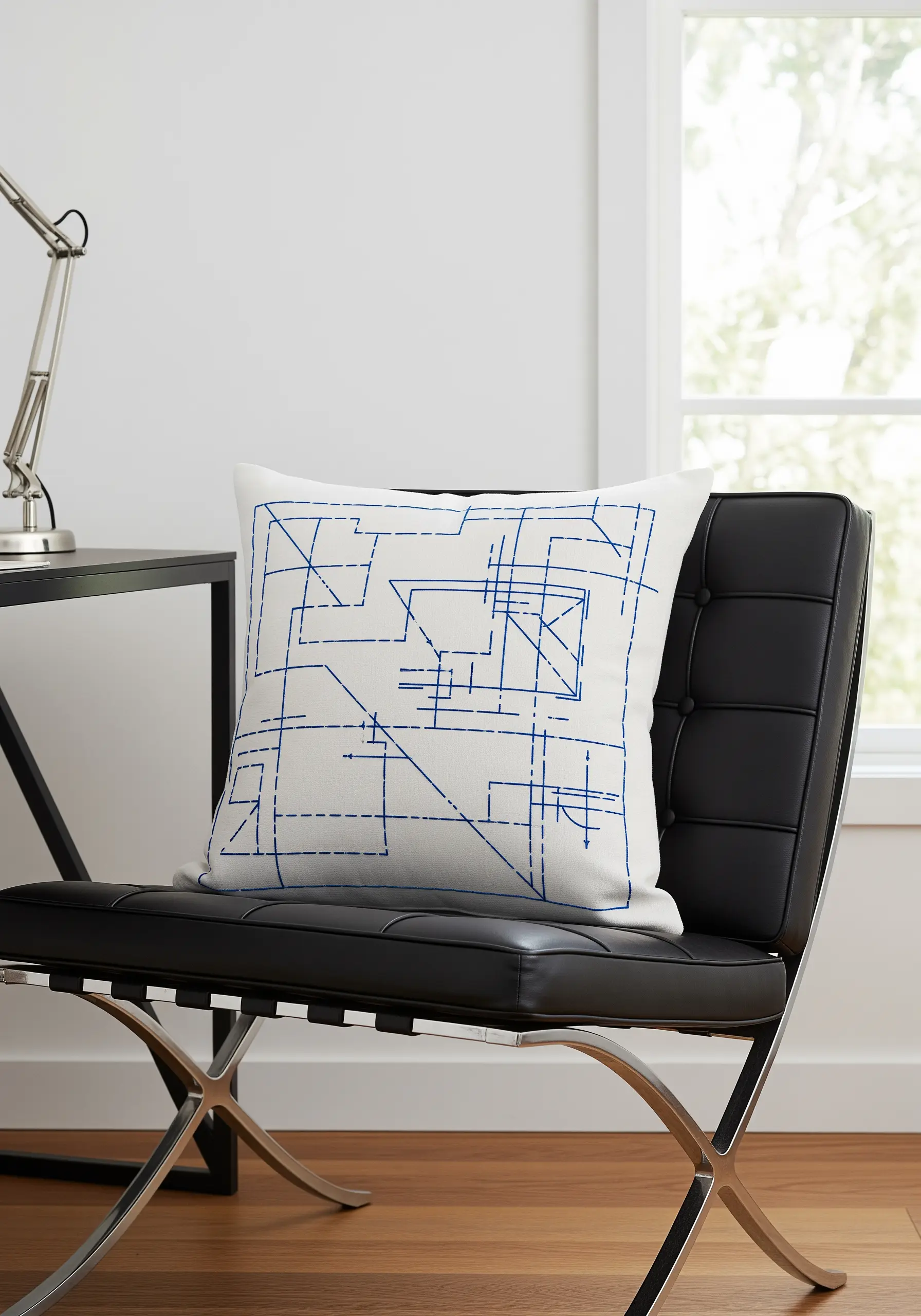 A white pillow with a precise, blueprint-like geometric pattern stitched in blue thread.
