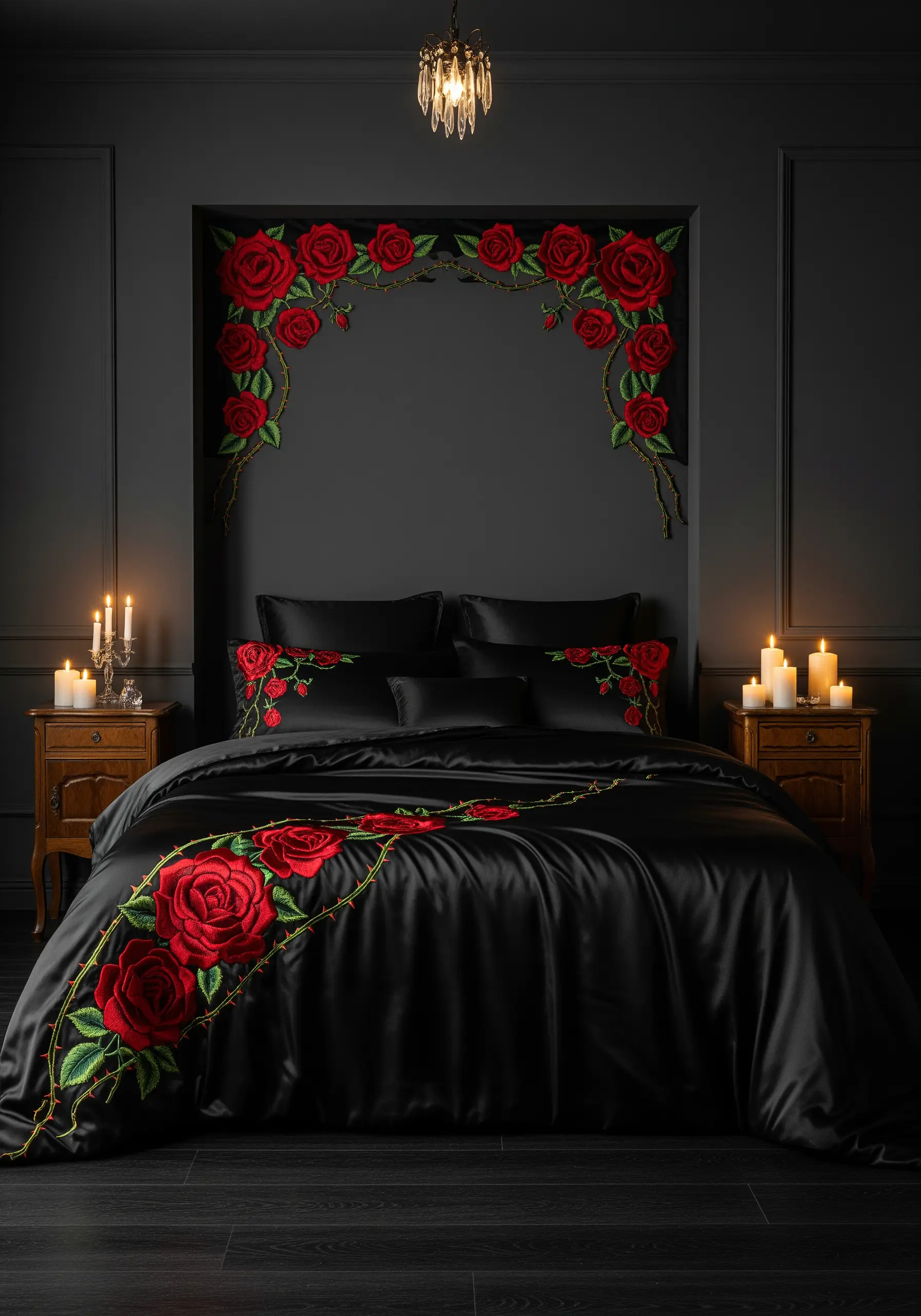 Black satin bedding with bright red rose embroidery border