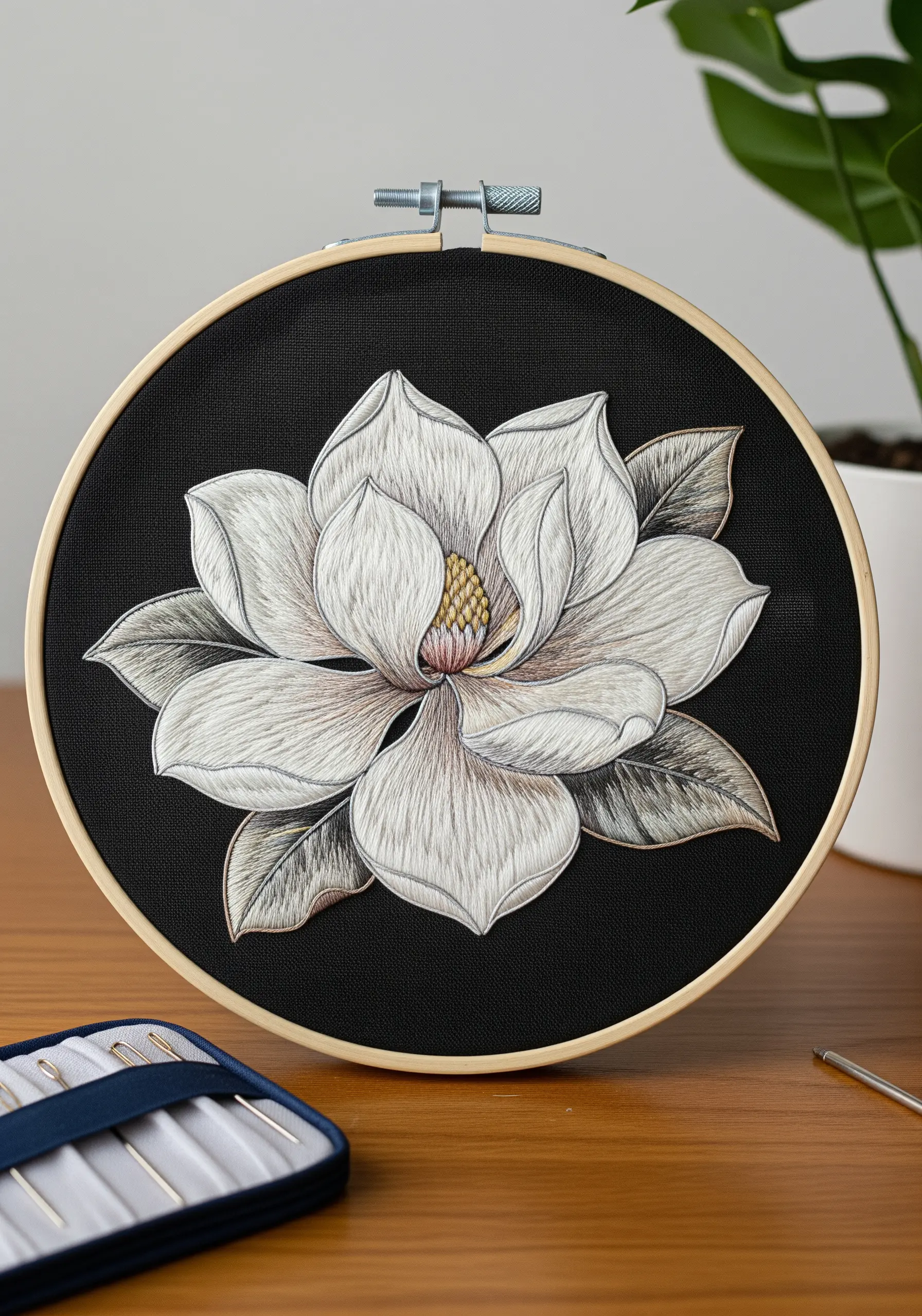 White magnolia flower embroidered on black fabric with high contrast shading