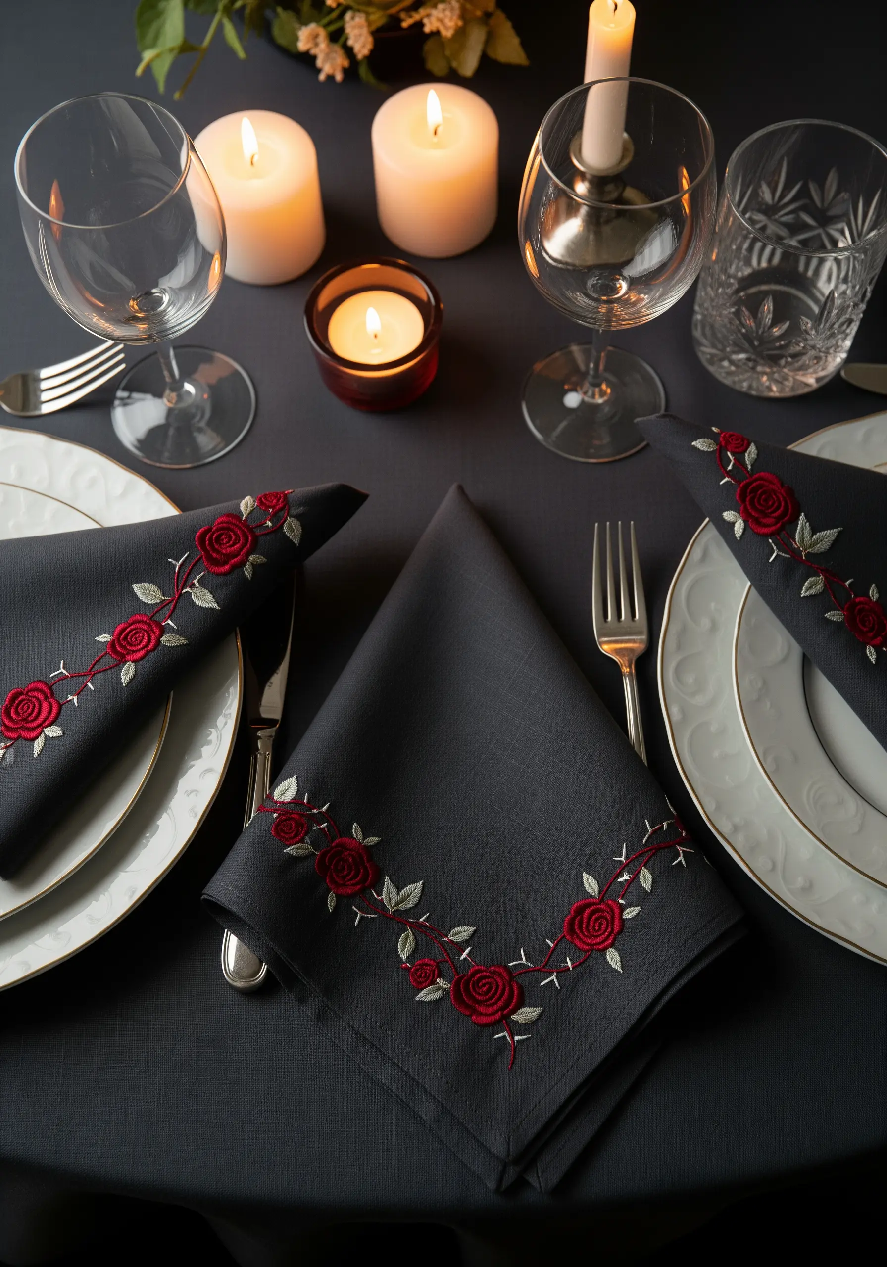 Red rose corner border embroidered on dark grey linen napkins.
