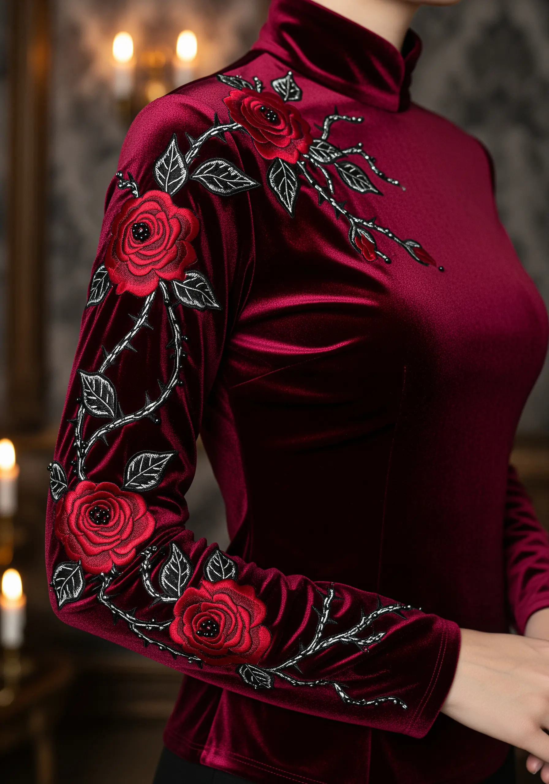 Red appliqué roses with embroidered details and thorny vines on a dark red velvet turtleneck sleeve.