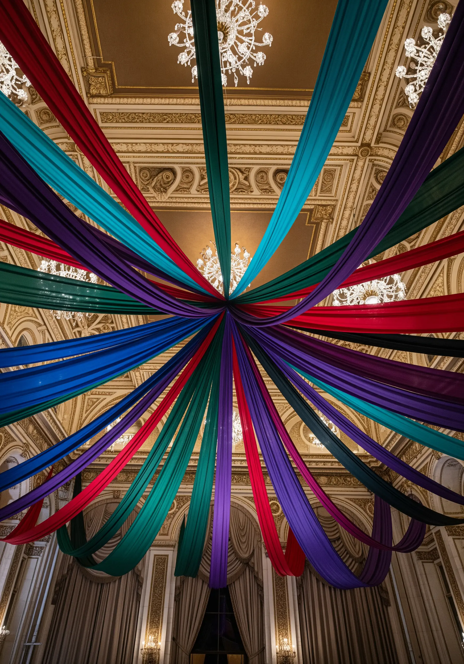 Long drapes of colorful fabric in jewel tones radiating from the center of an ornate ballroom ceiling.