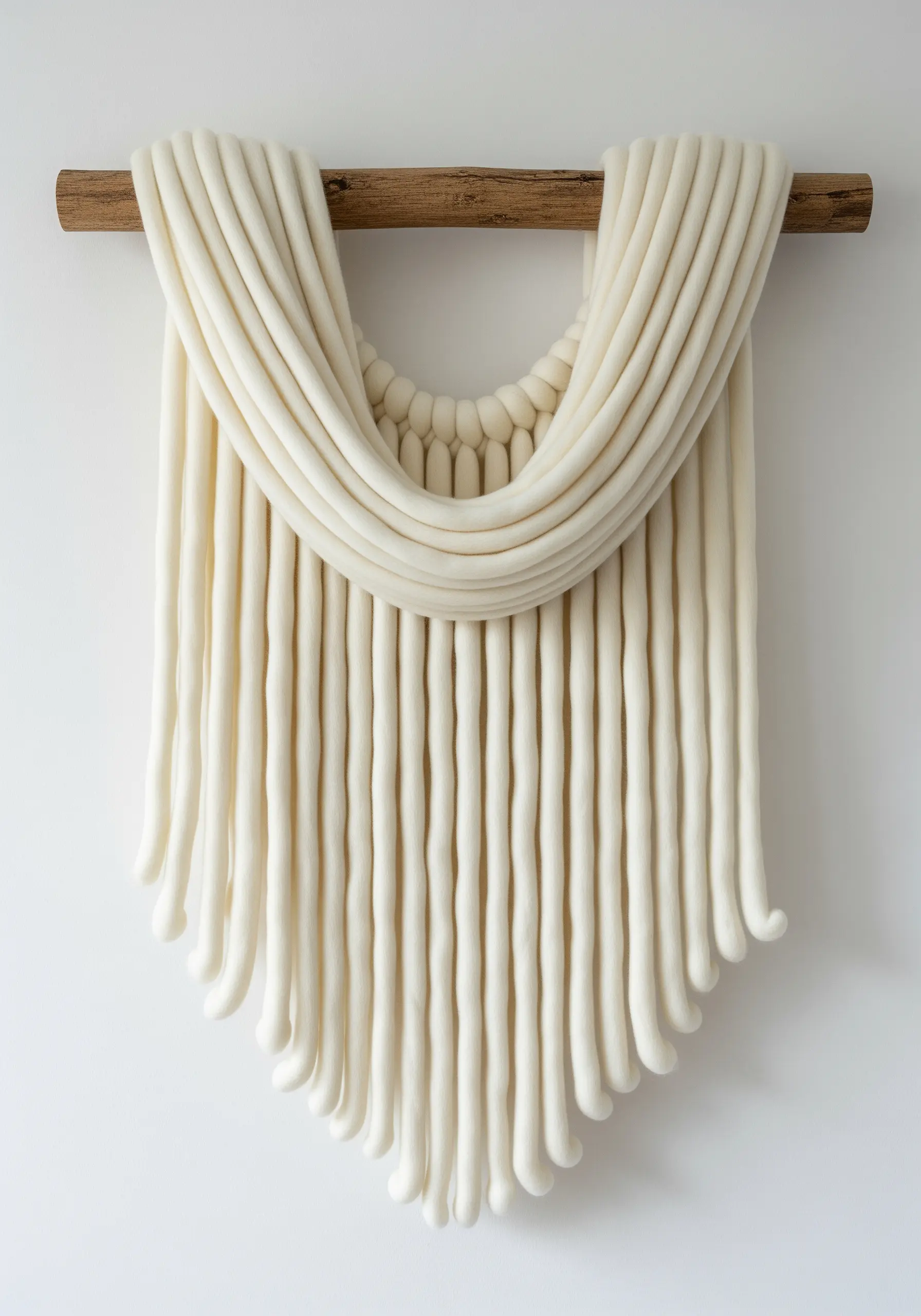 Thick, unspun cream-colored wool roving elegantly draped over a wooden dowel.