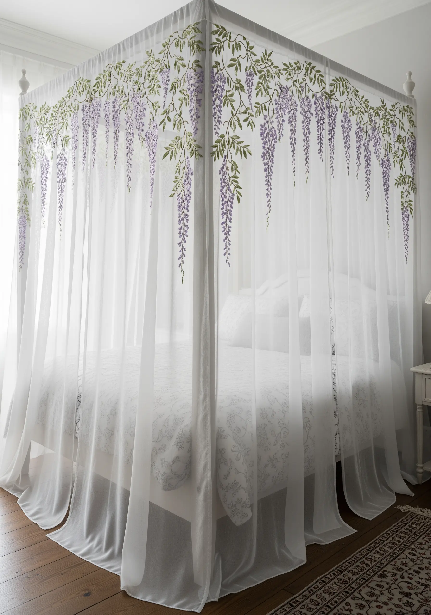 A four-poster bed draped with a sheer white canopy embroidered with cascading purple wisteria.