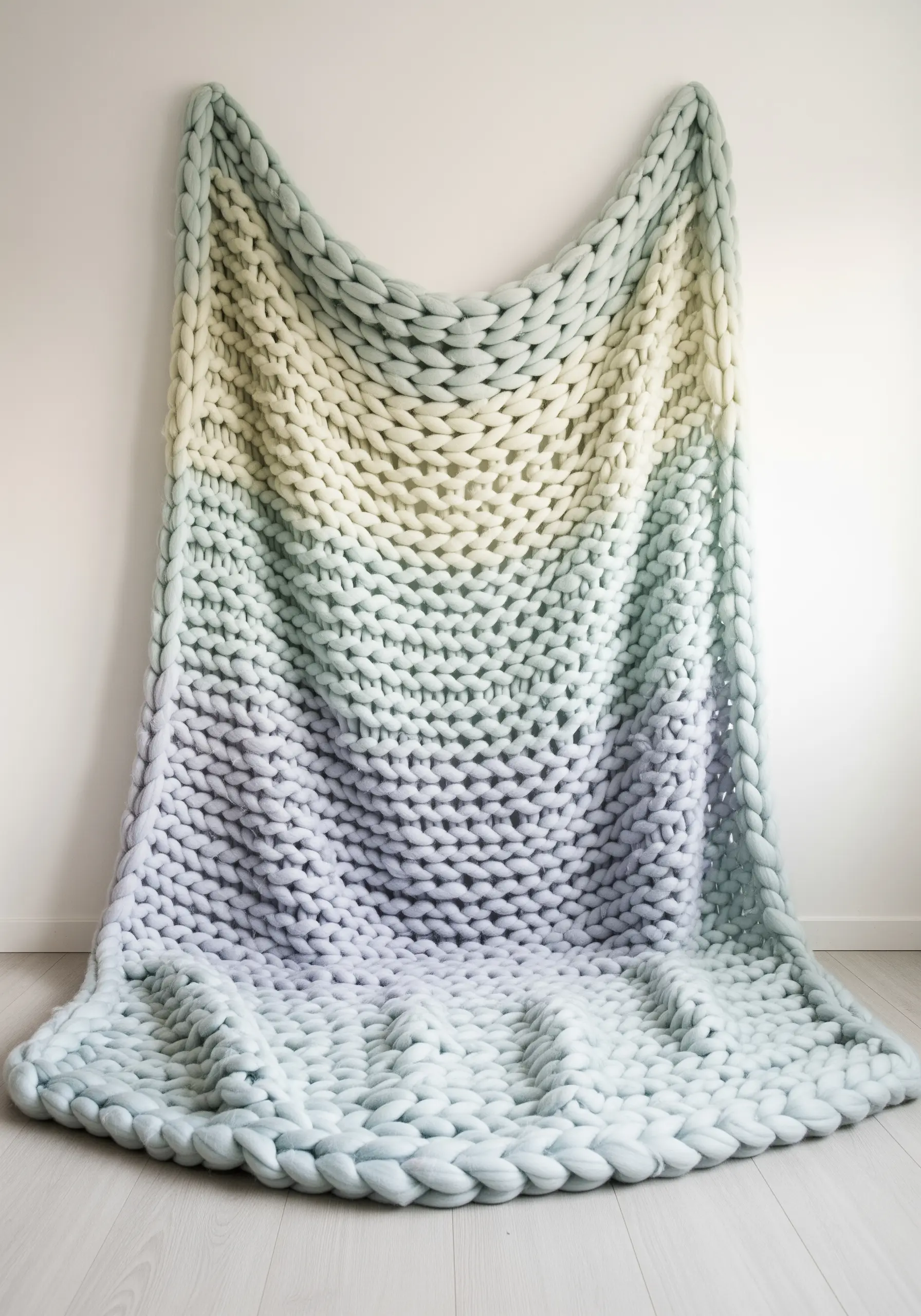 A giant, chunky arm-knit blanket with a soft color gradient hanging on a wall.