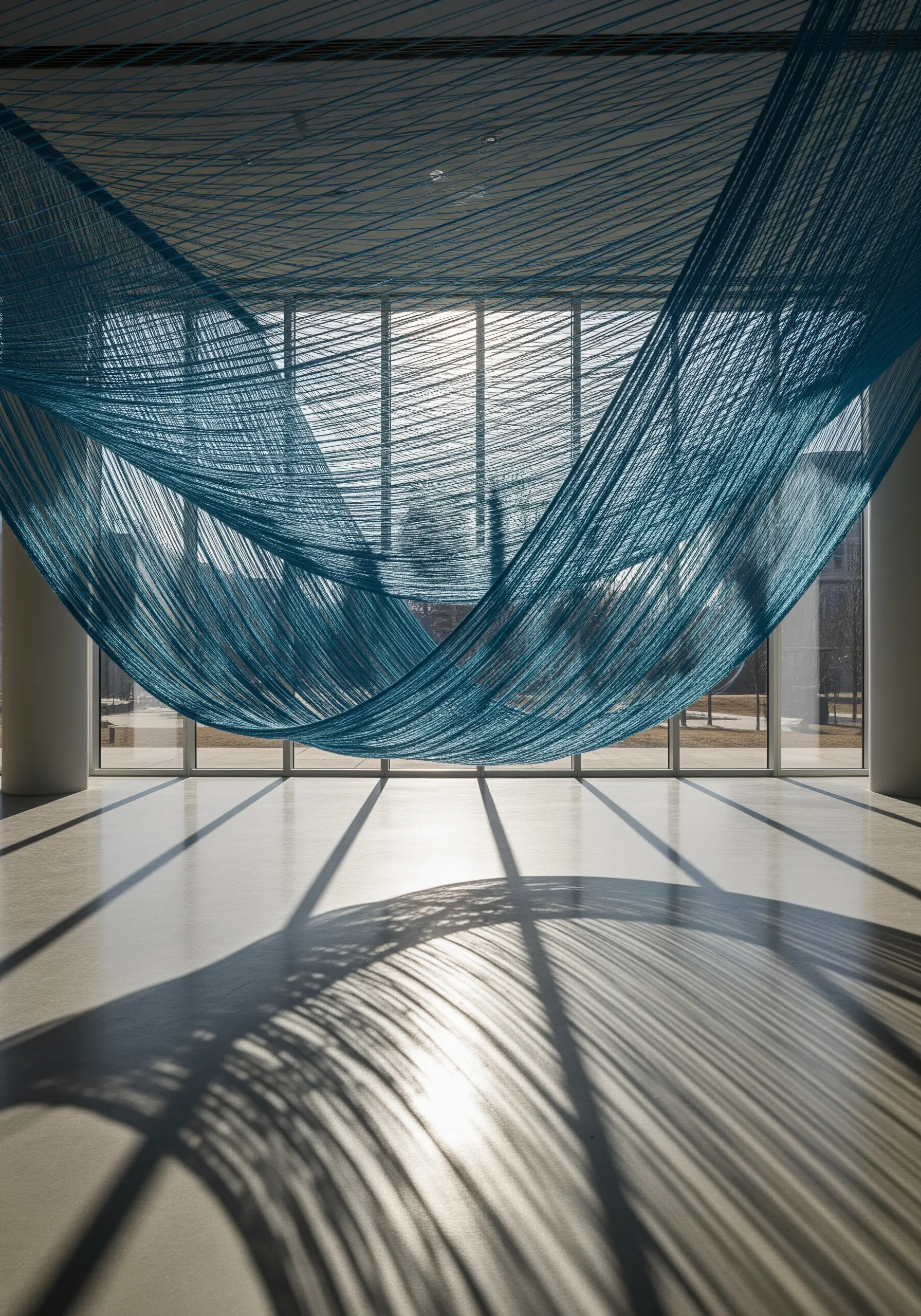 A large, draped installation of blue thread hanging like a hammock in a sunlit room.