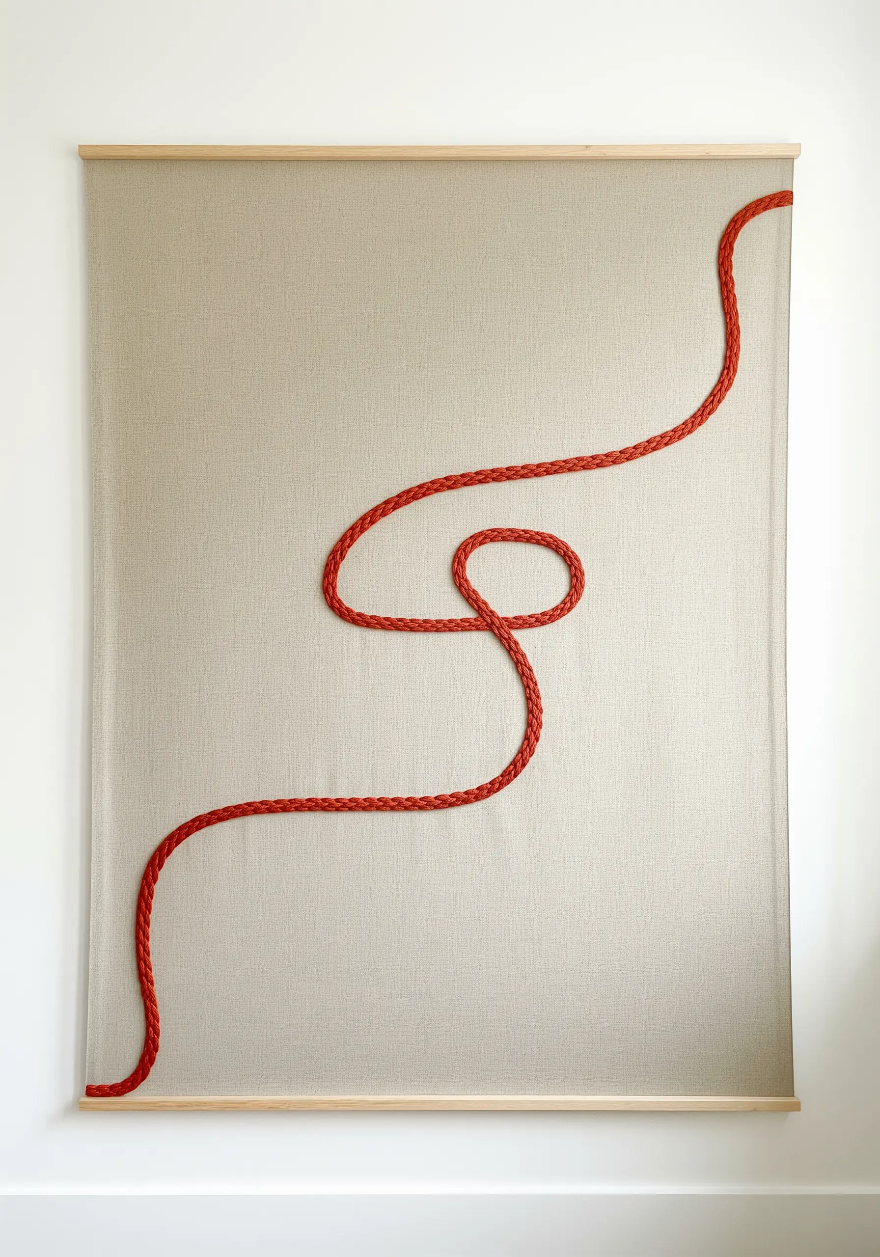 A single, meandering red braided cord stitched onto a large, neutral-toned canvas.