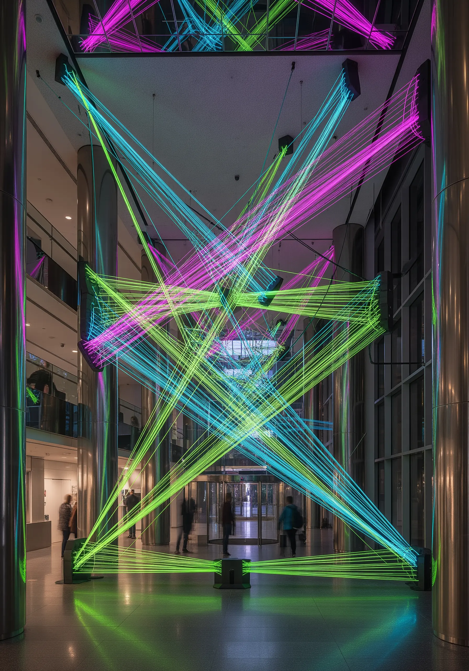 A large-scale installation of intersecting neon green, pink, and blue strings creating a geometric web.