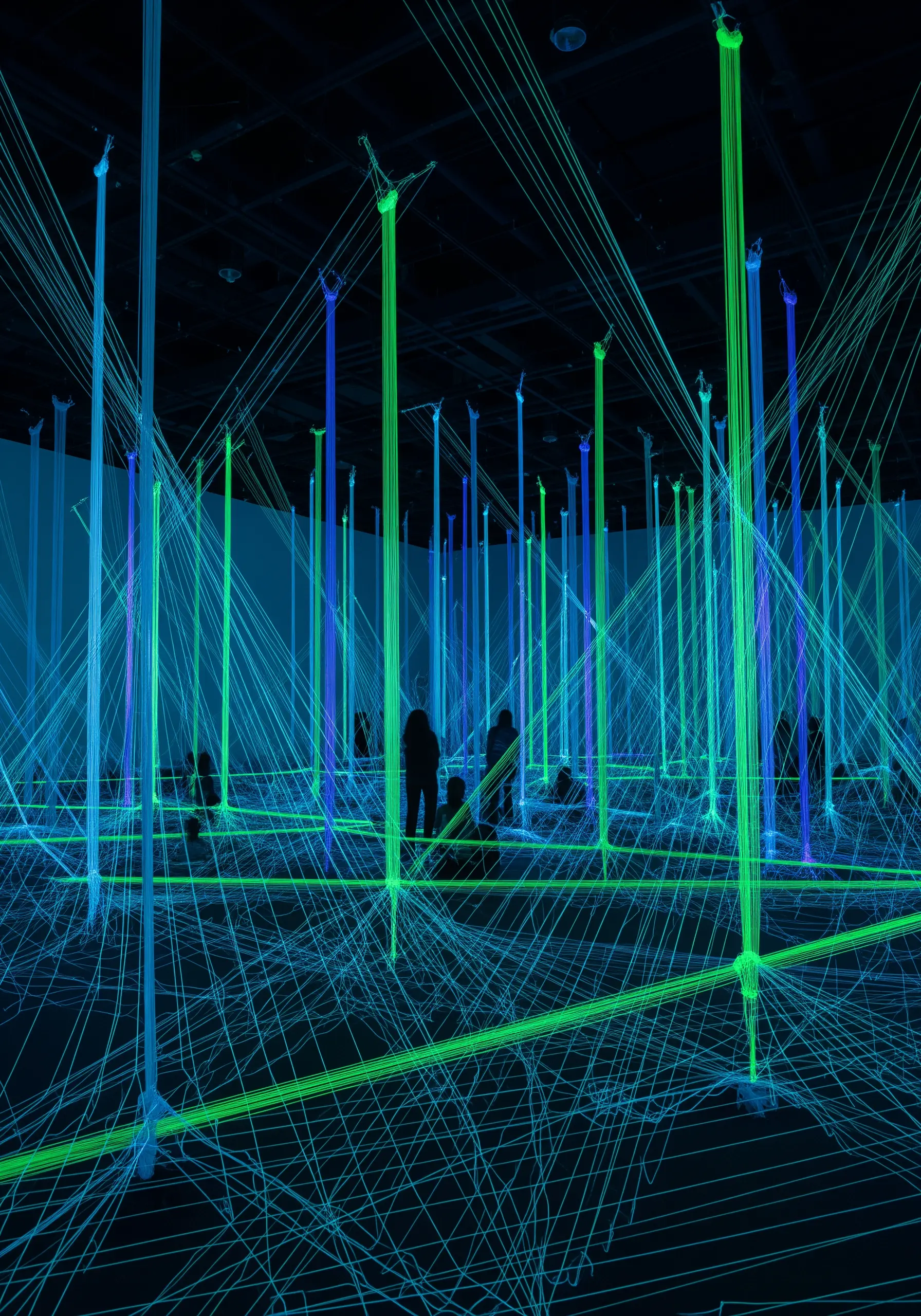 An immersive installation of glowing green and blue threads stretched across a dark room.
