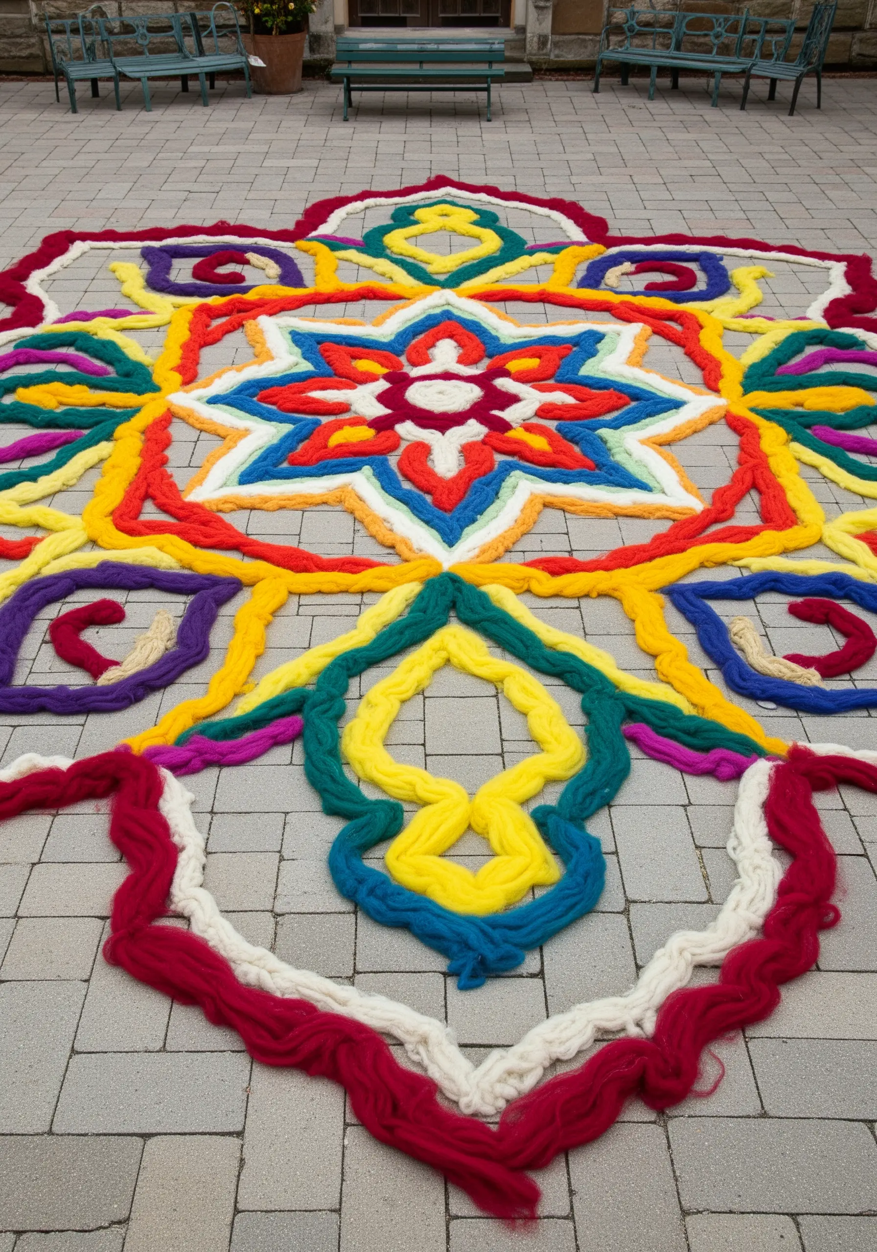 A vibrant, large-scale mandala made of thick, colorful wool roving on pavement.