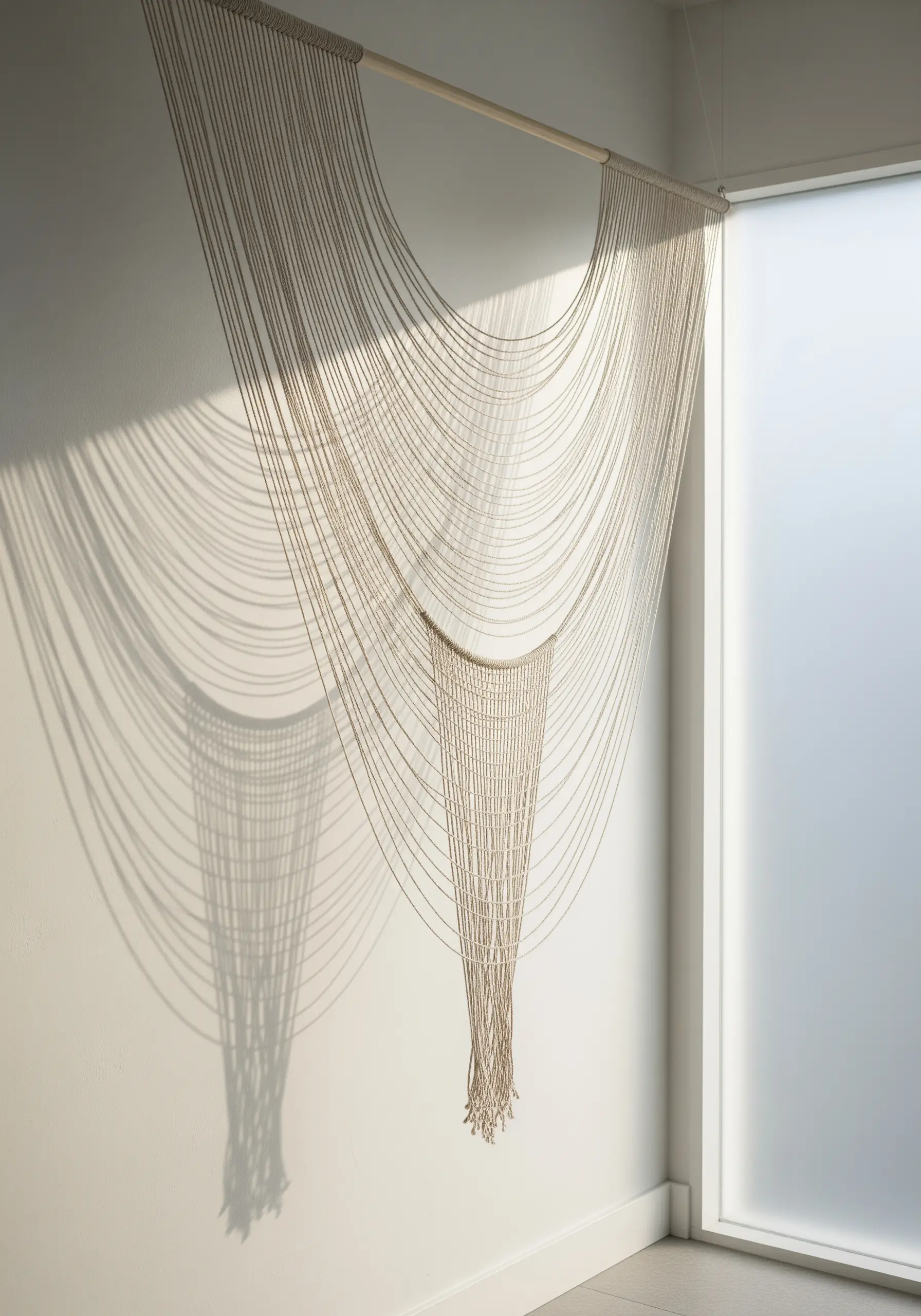 A minimalist wall hanging of a single cord draped in elegant arcs, casting soft shadows.